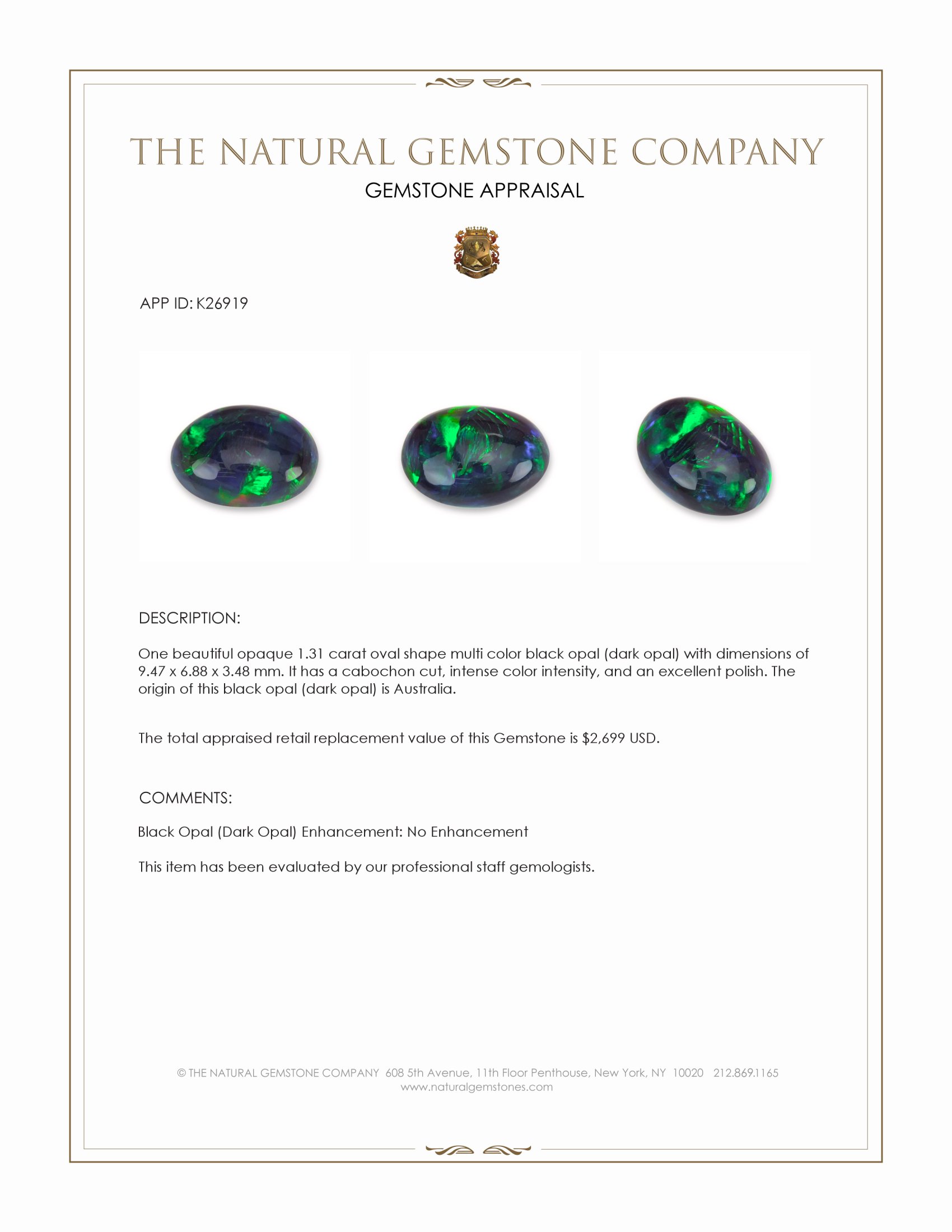 1.31 Ct. Multi Color Cabochon Black Opal (Dark Opal) from Australia