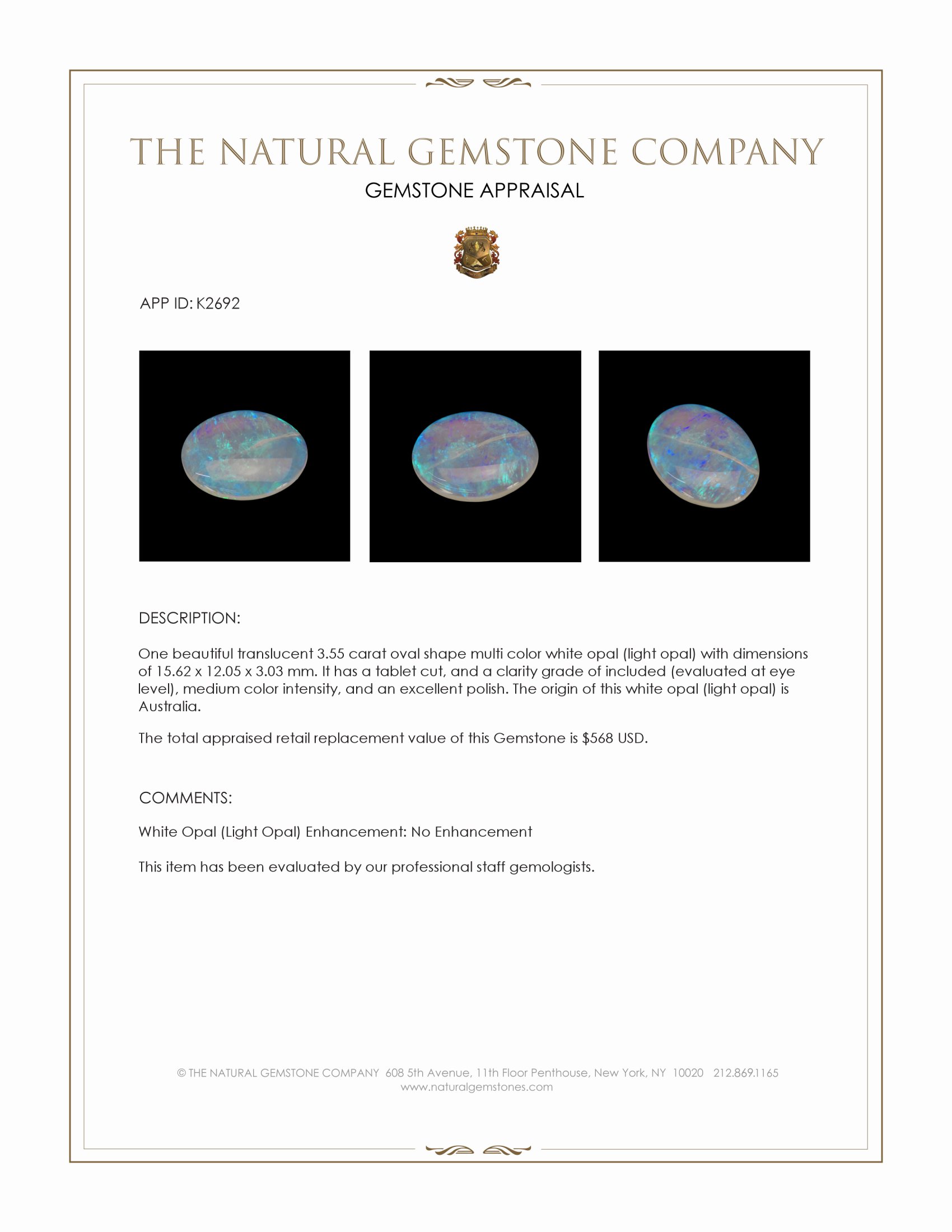 3.55 Ct. Multi Color White Opal (Light Opal) from Australia