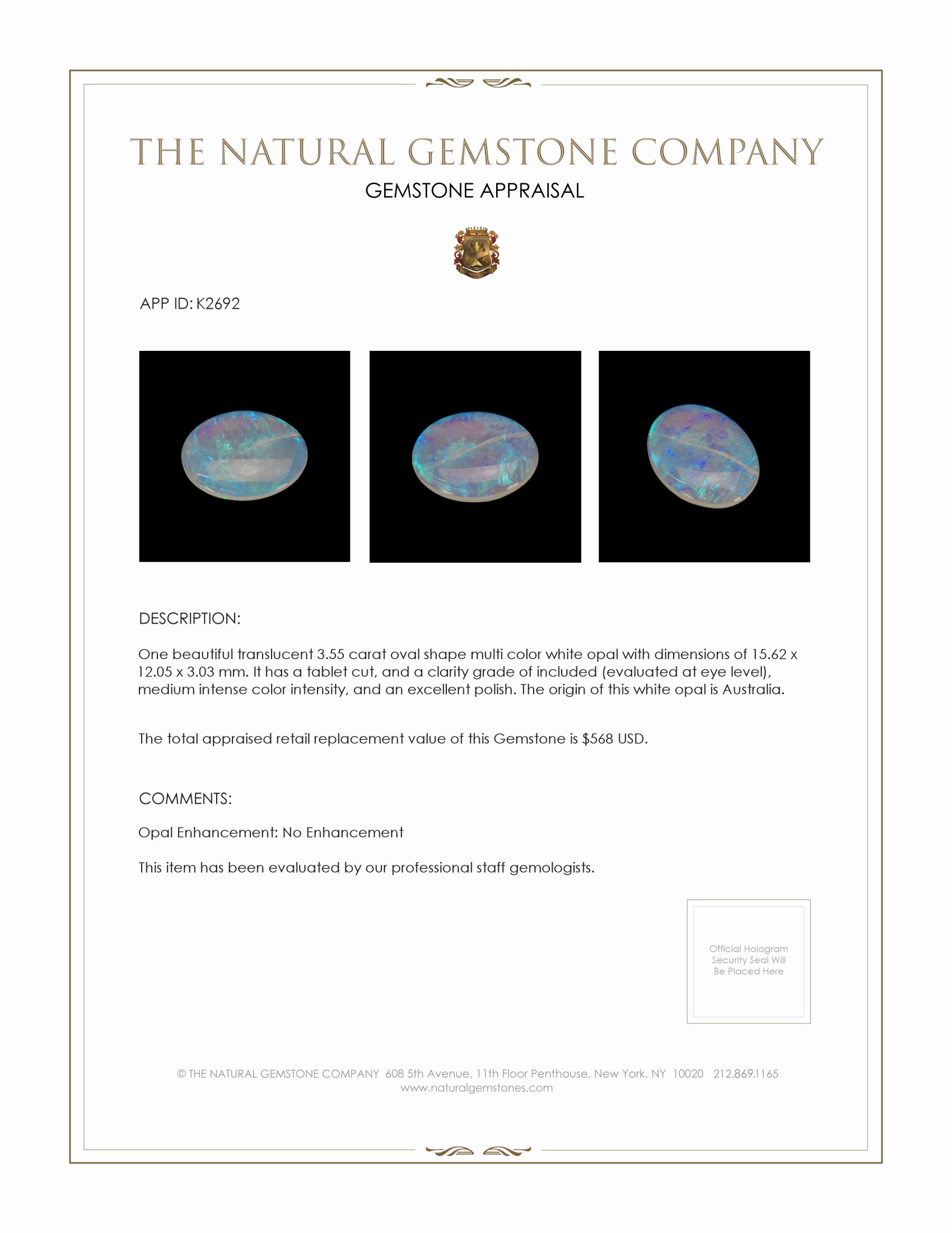 3.55 Ct. White Opal from Australia