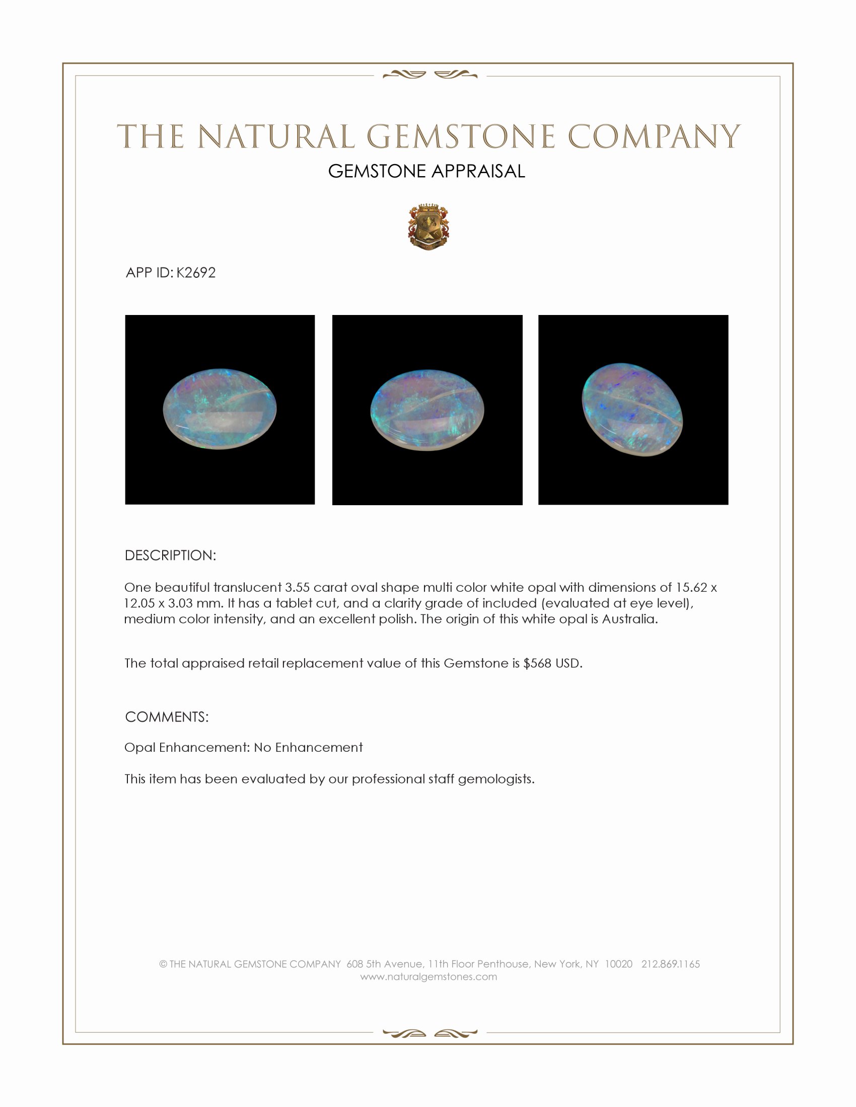 3.55 Ct. White Opal from Australia