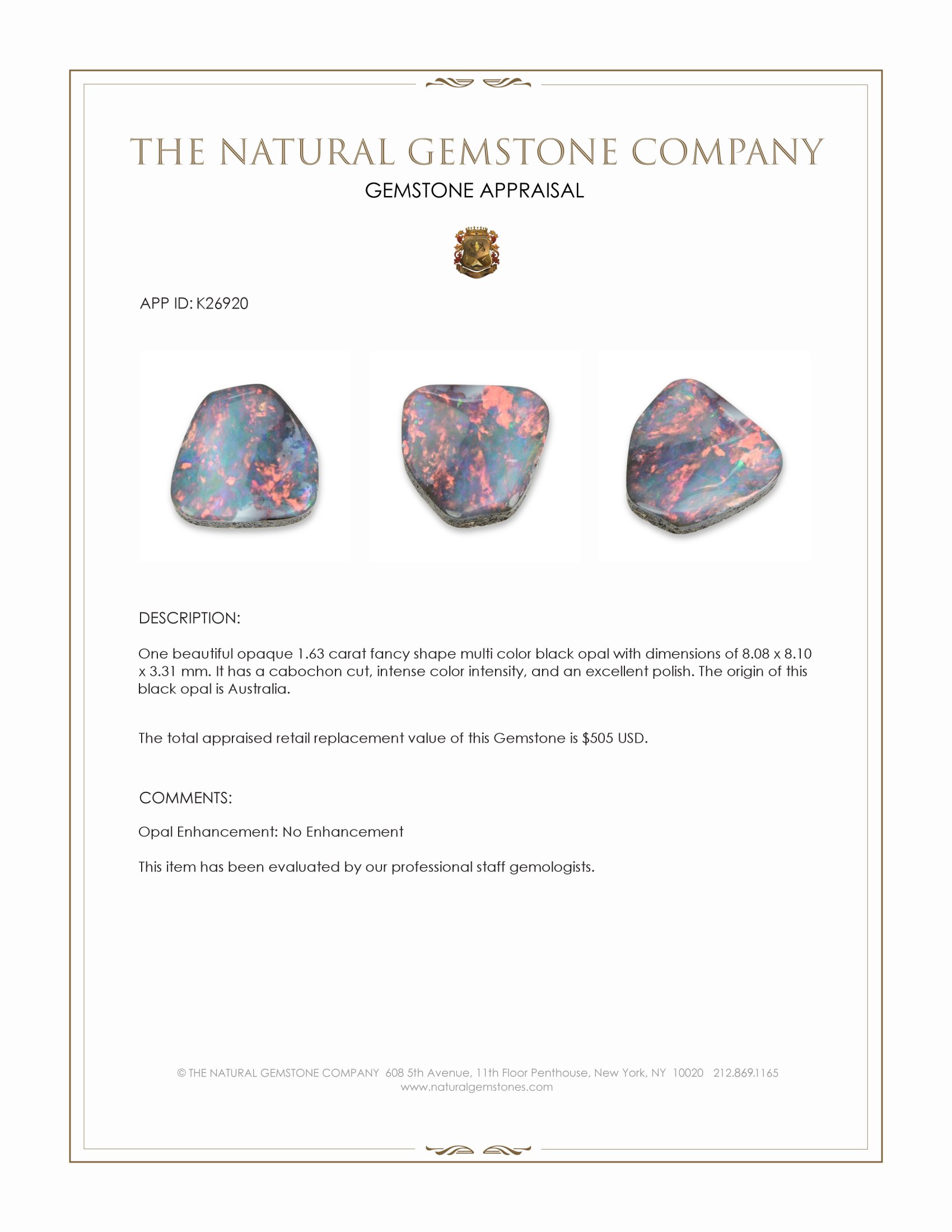 1.63 Ct. Multi Color Cabochon Black Opal (Dark Opal) from Australia
