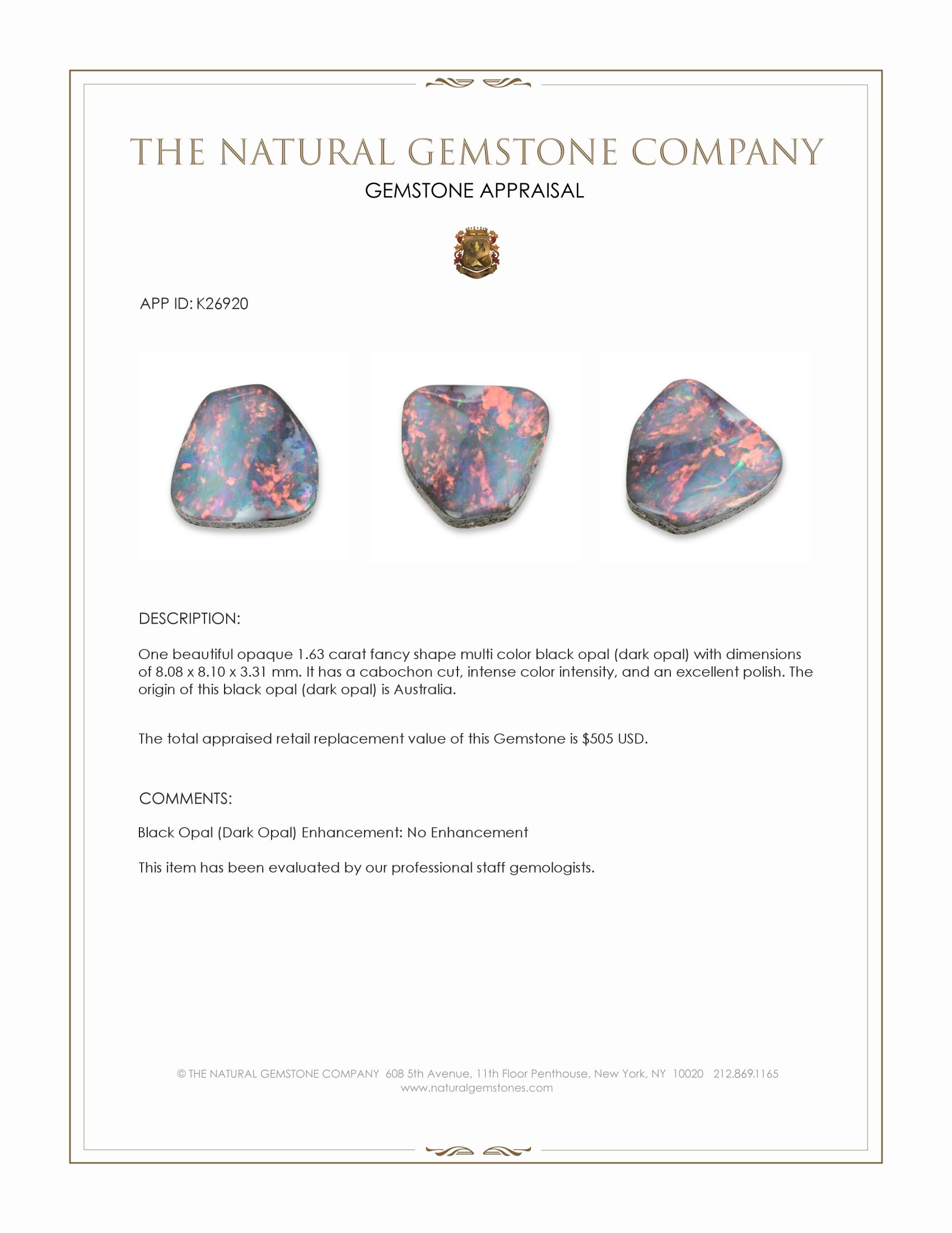 1.63 Ct. Multi Color Cabochon Black Opal (Dark Opal) from Australia
