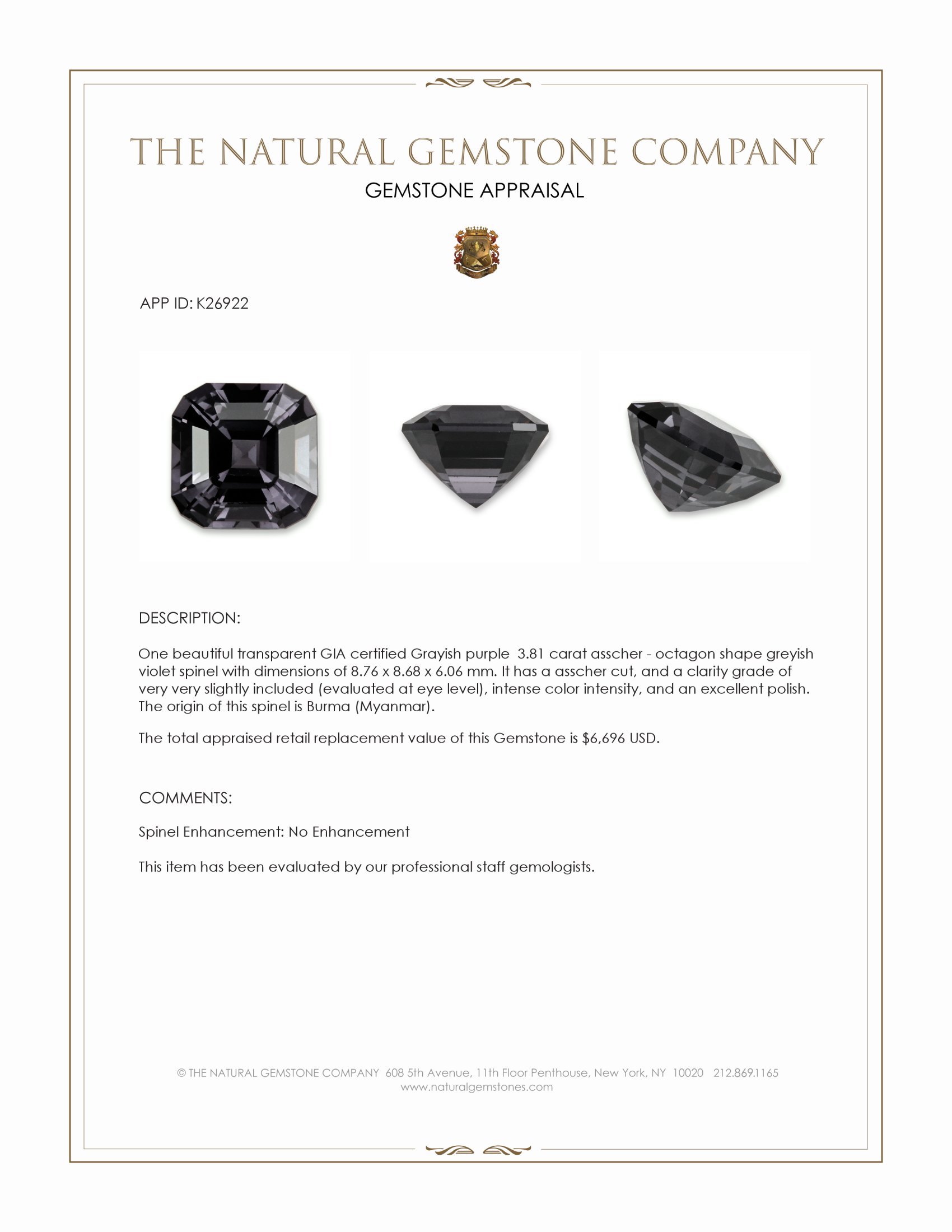 3.81 Ct. Greyish Violet Spinel from Burma (Myanmar)