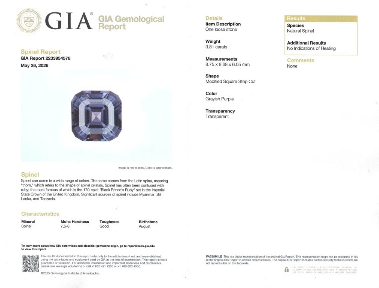 3.81 Ct. Greyish Violet Spinel from Burma (Myanmar)