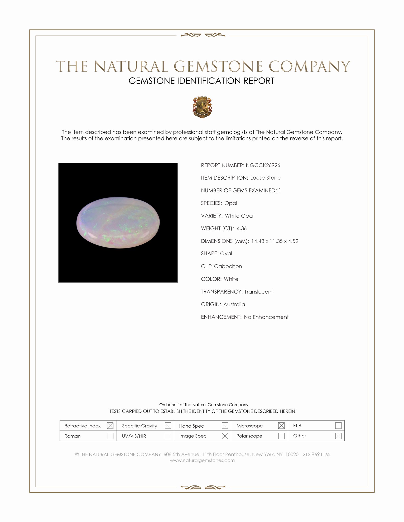 4.36 Ct. White Cabochon White Opal (Light Opal) from Australia