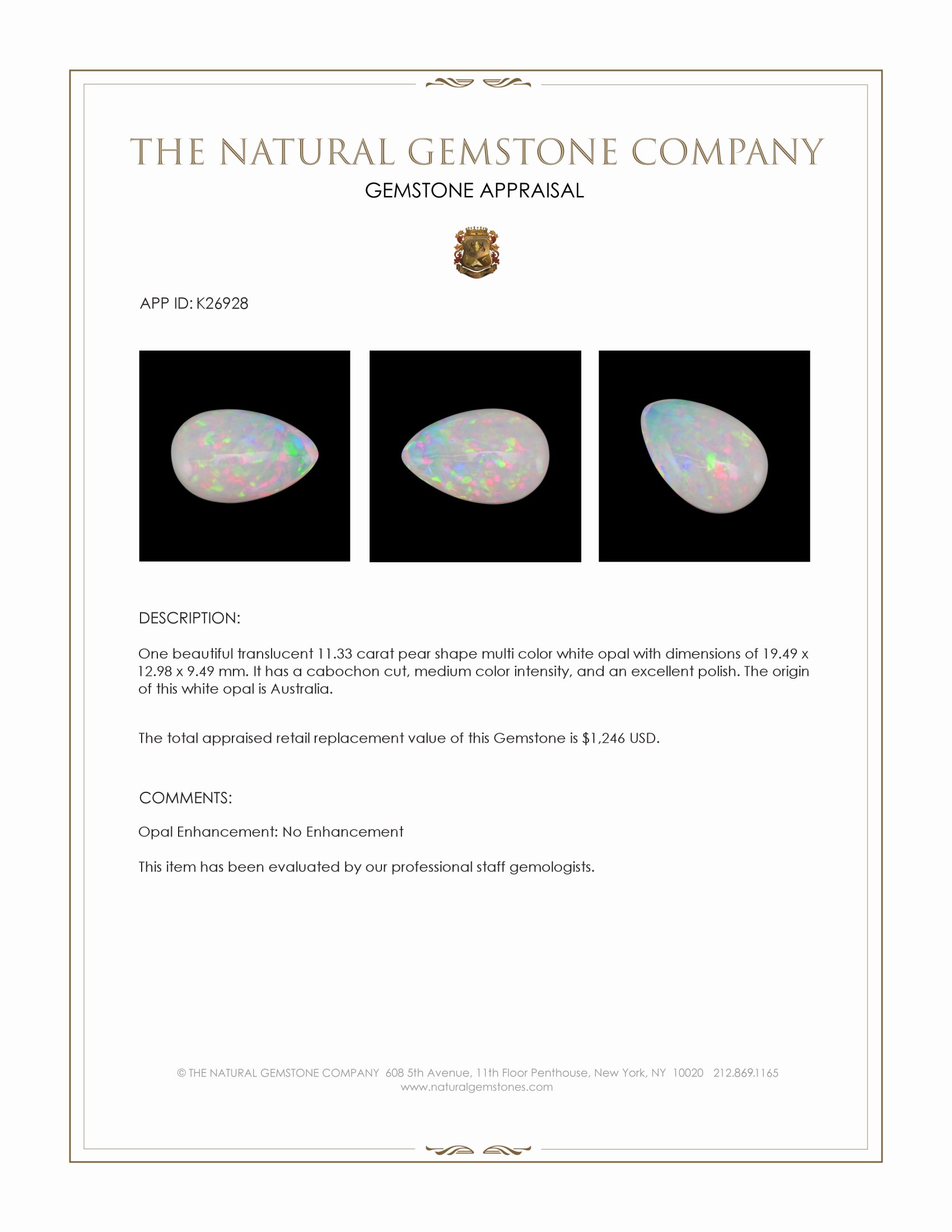 11.33 Ct. Multi Color Cabochon White Opal (Light Opal) from Australia