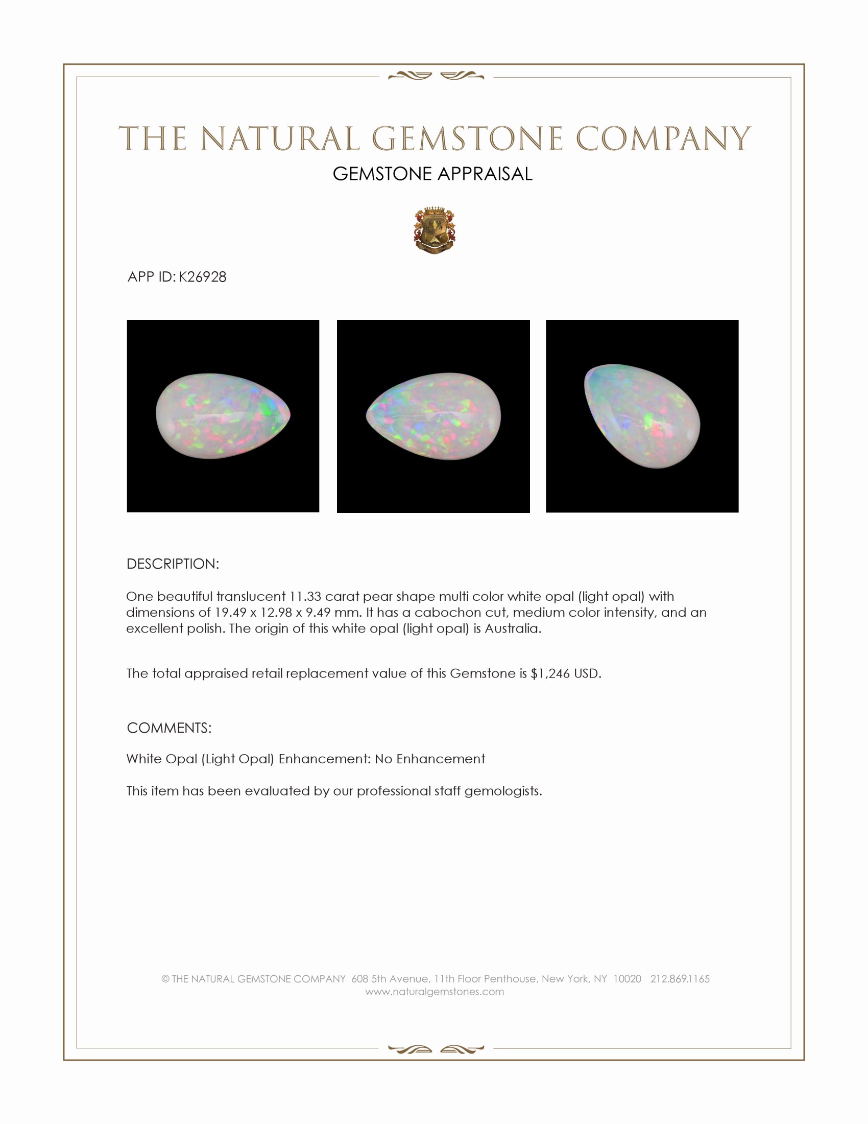 11.33 Ct. Multi Color Cabochon White Opal (Light Opal) from Australia