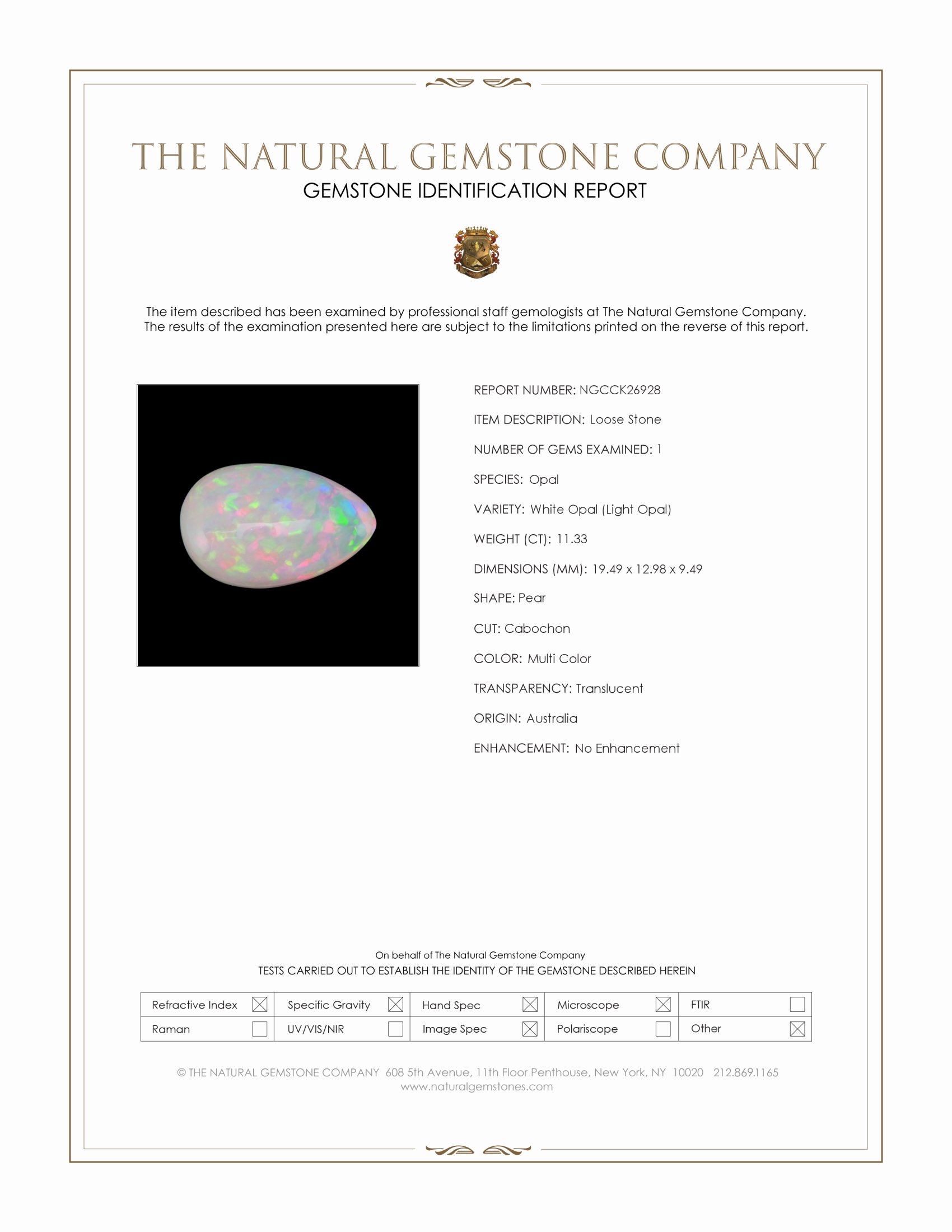 11.33 Ct. Multi Color Cabochon White Opal (Light Opal) from Australia