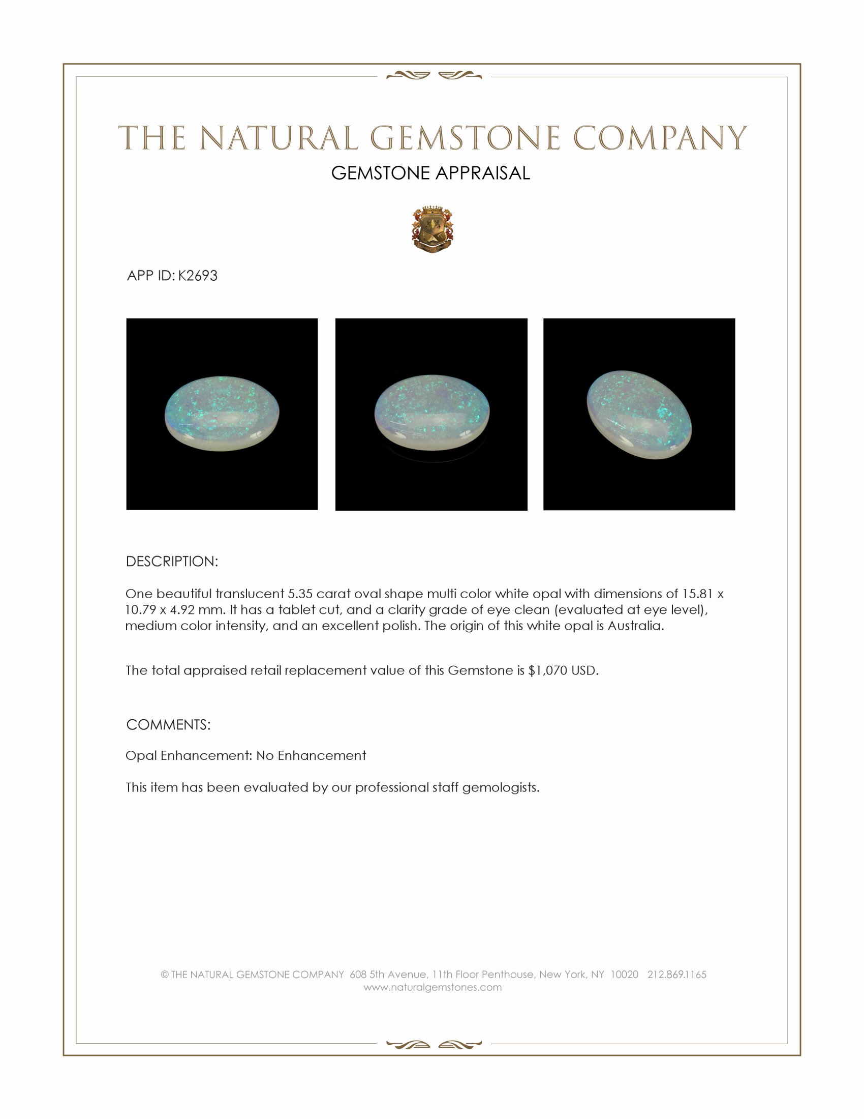 5.35 Ct. White Opal from Australia