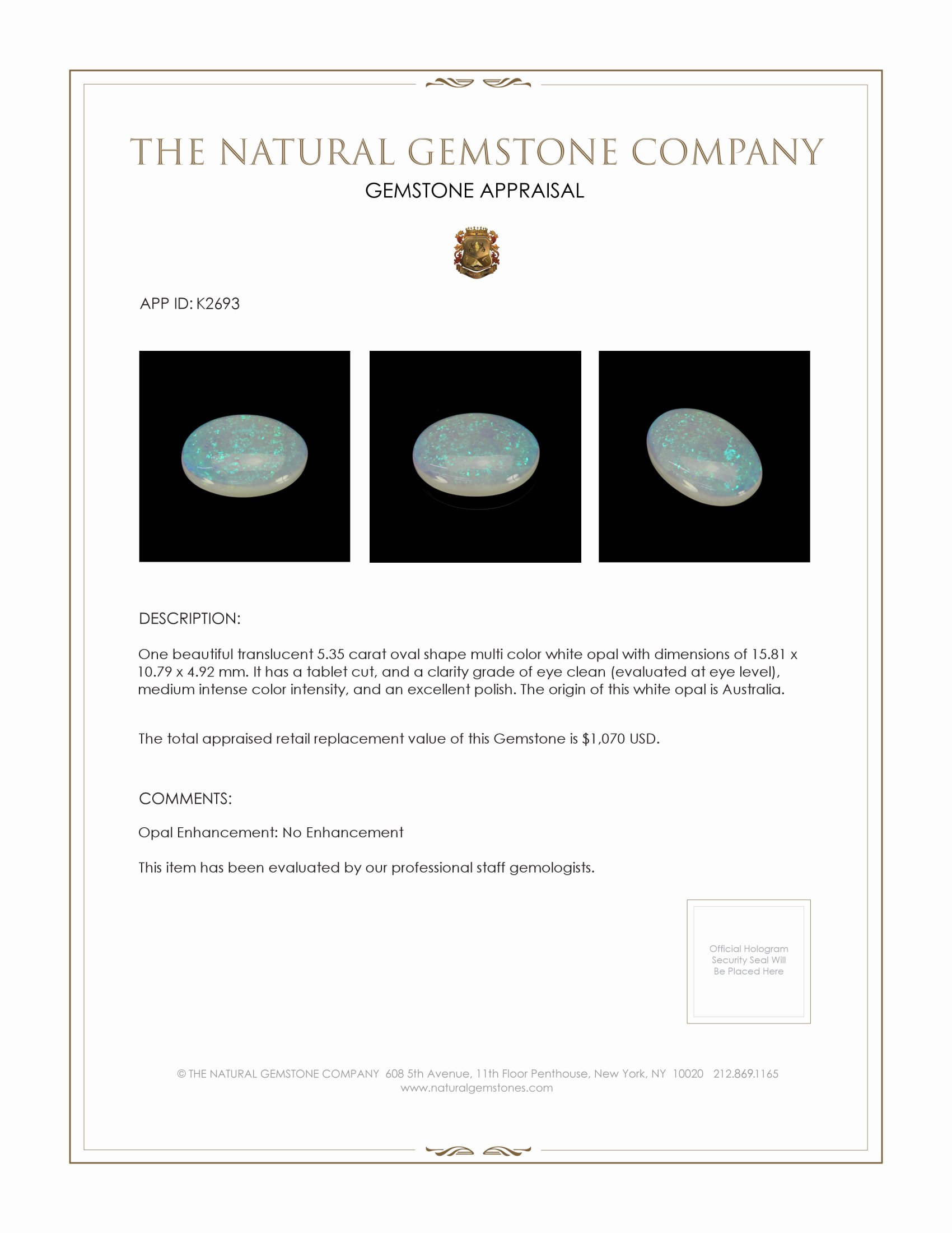 5.35 Ct. White Opal from Australia