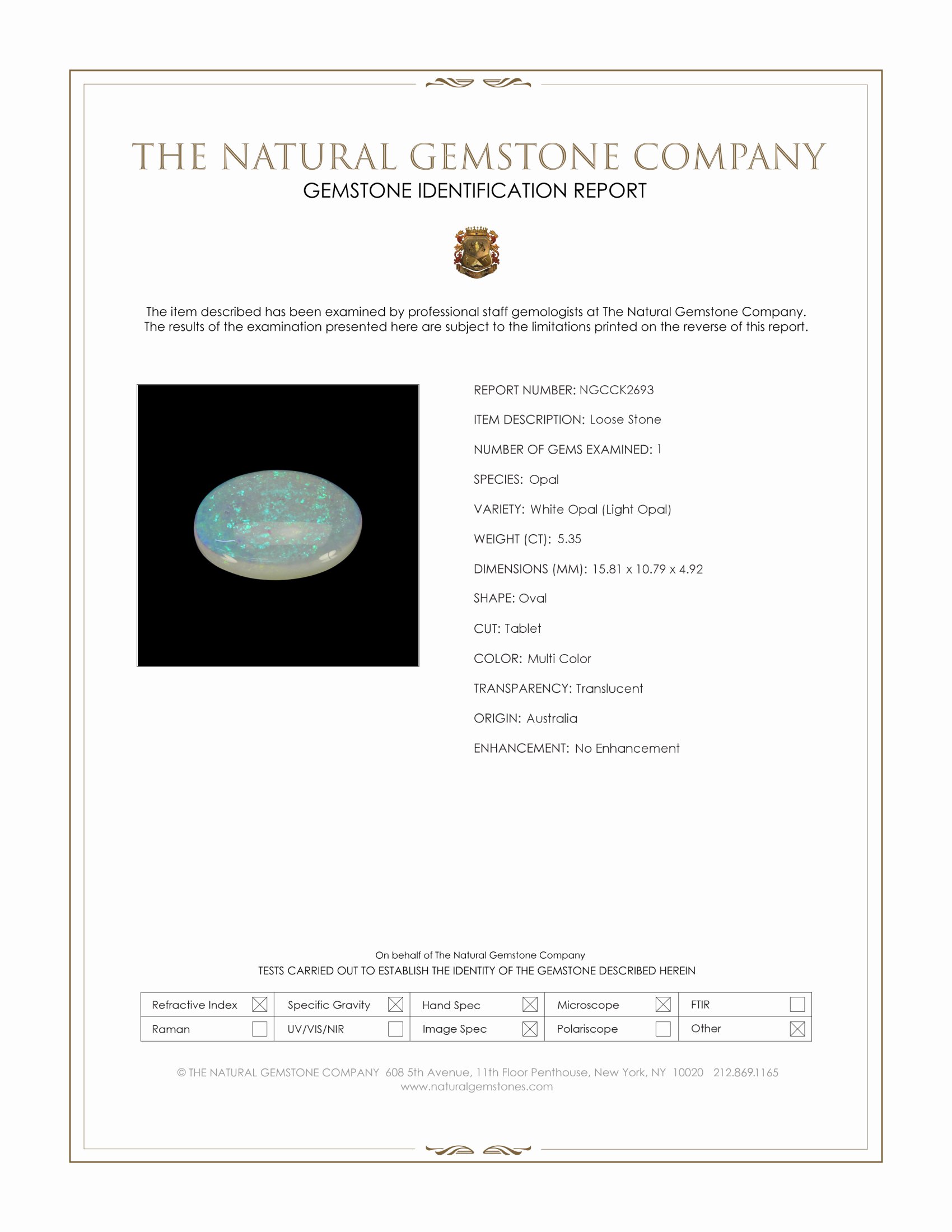 5.35 Ct. Multi Color White Opal (Light Opal) from Australia