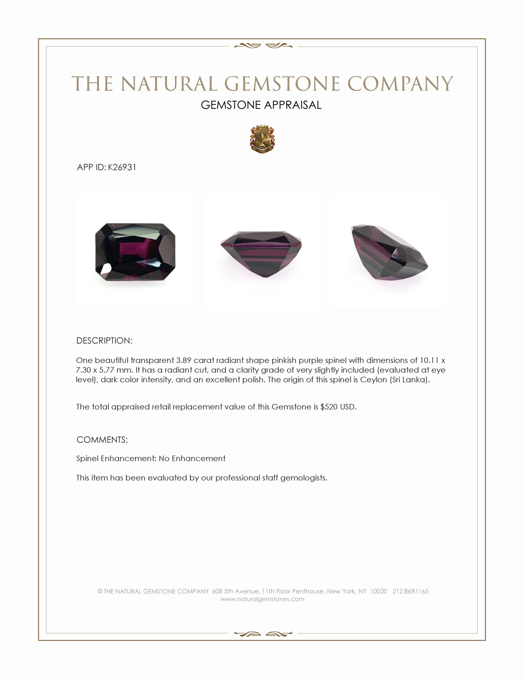 3.89 Ct. Pinkish Purple Spinel from Ceylon (Sri Lanka)