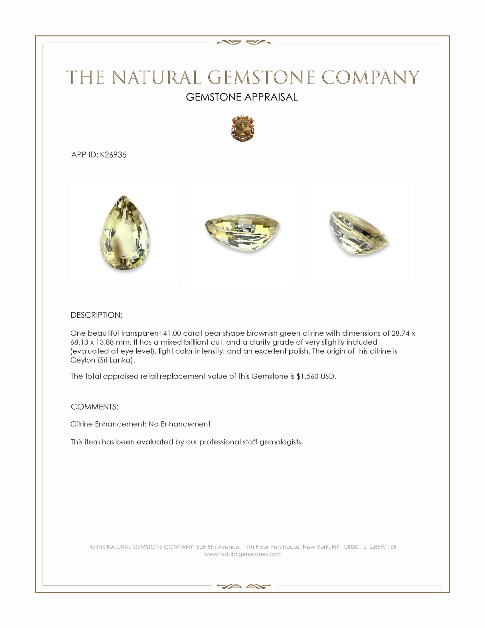 41.00 Ct. Brownish Green Citrine from Ceylon (Sri Lanka)
