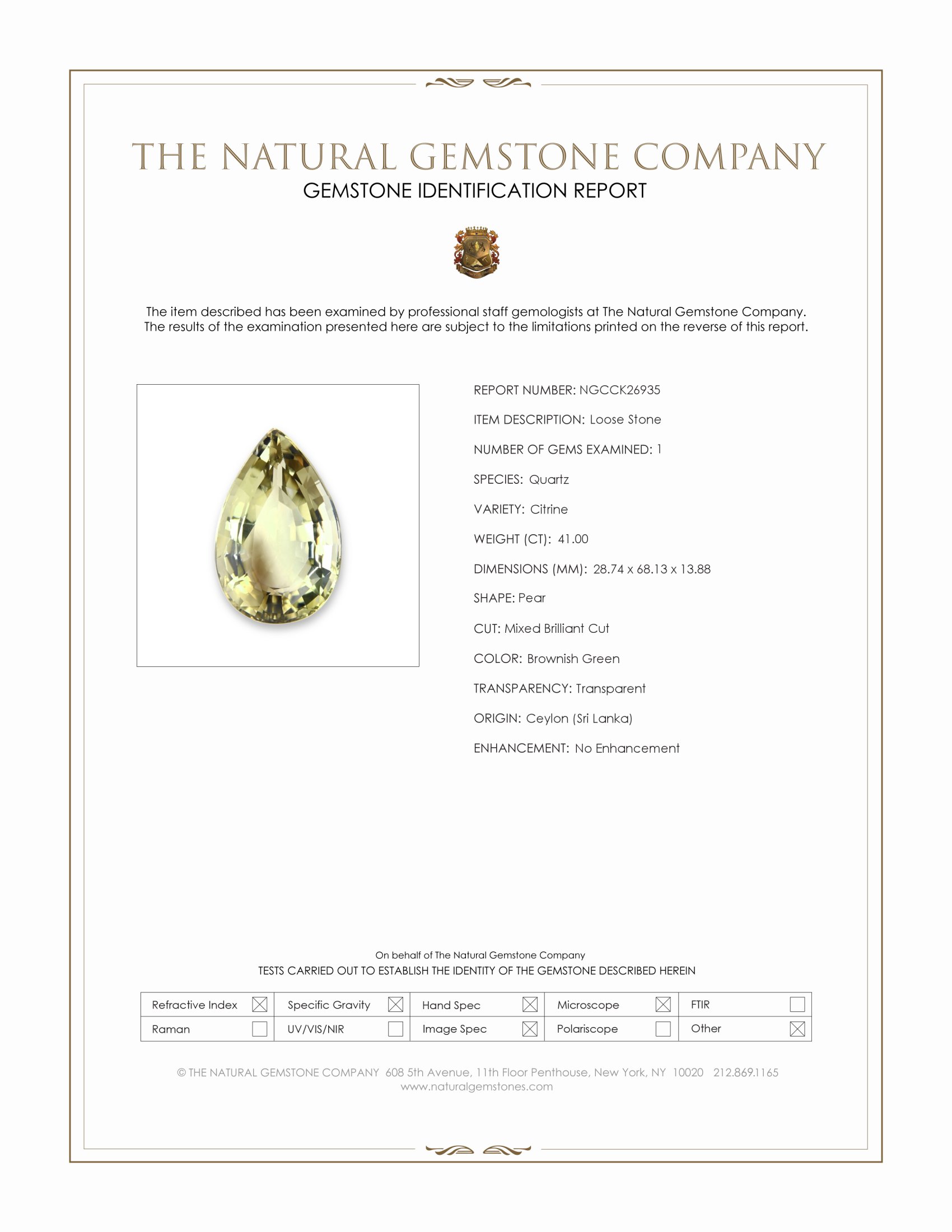 41.00 Ct. Brownish Green Citrine from Ceylon (Sri Lanka)