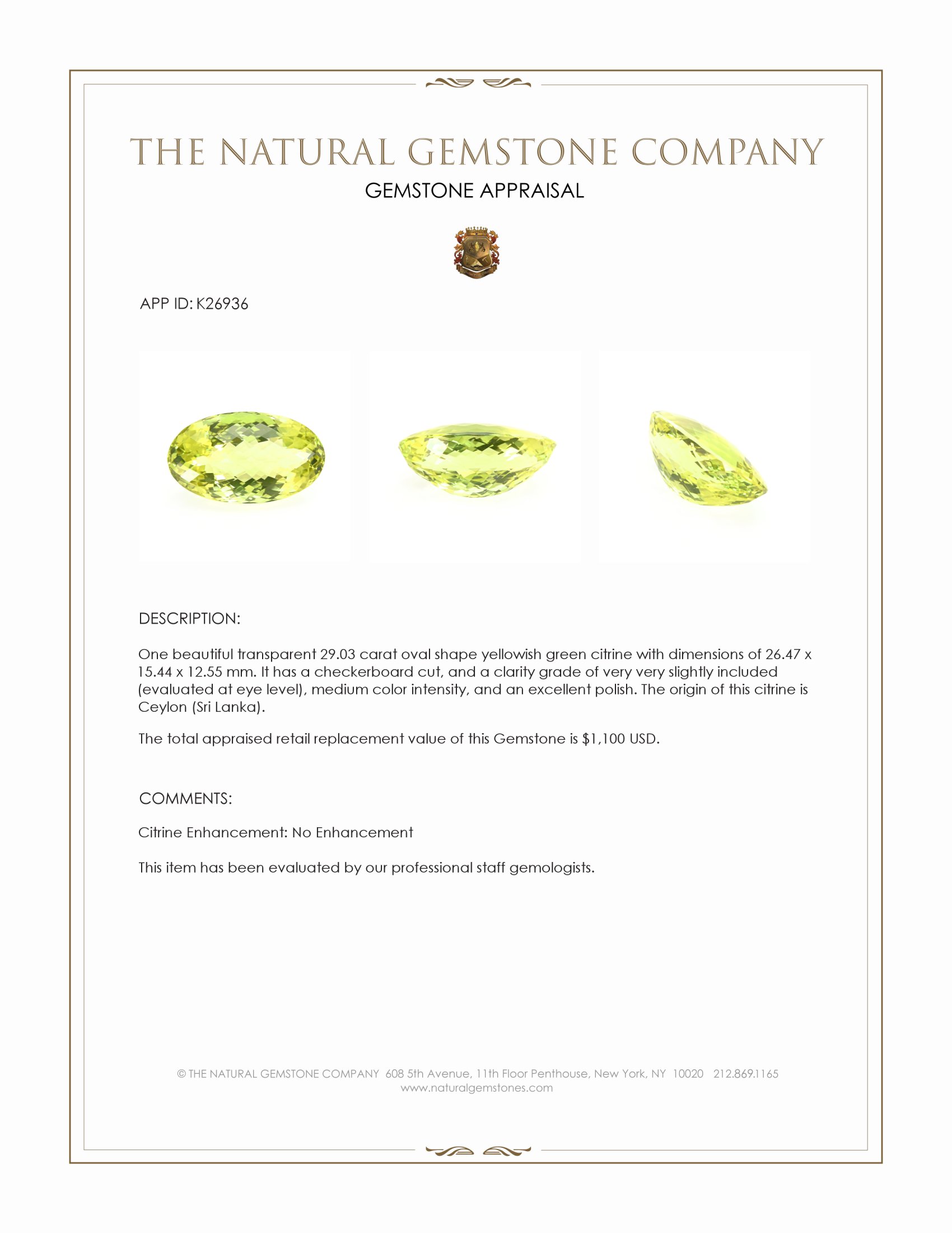 29.03 Ct. Yellowish Green Citrine from Ceylon (Sri Lanka)