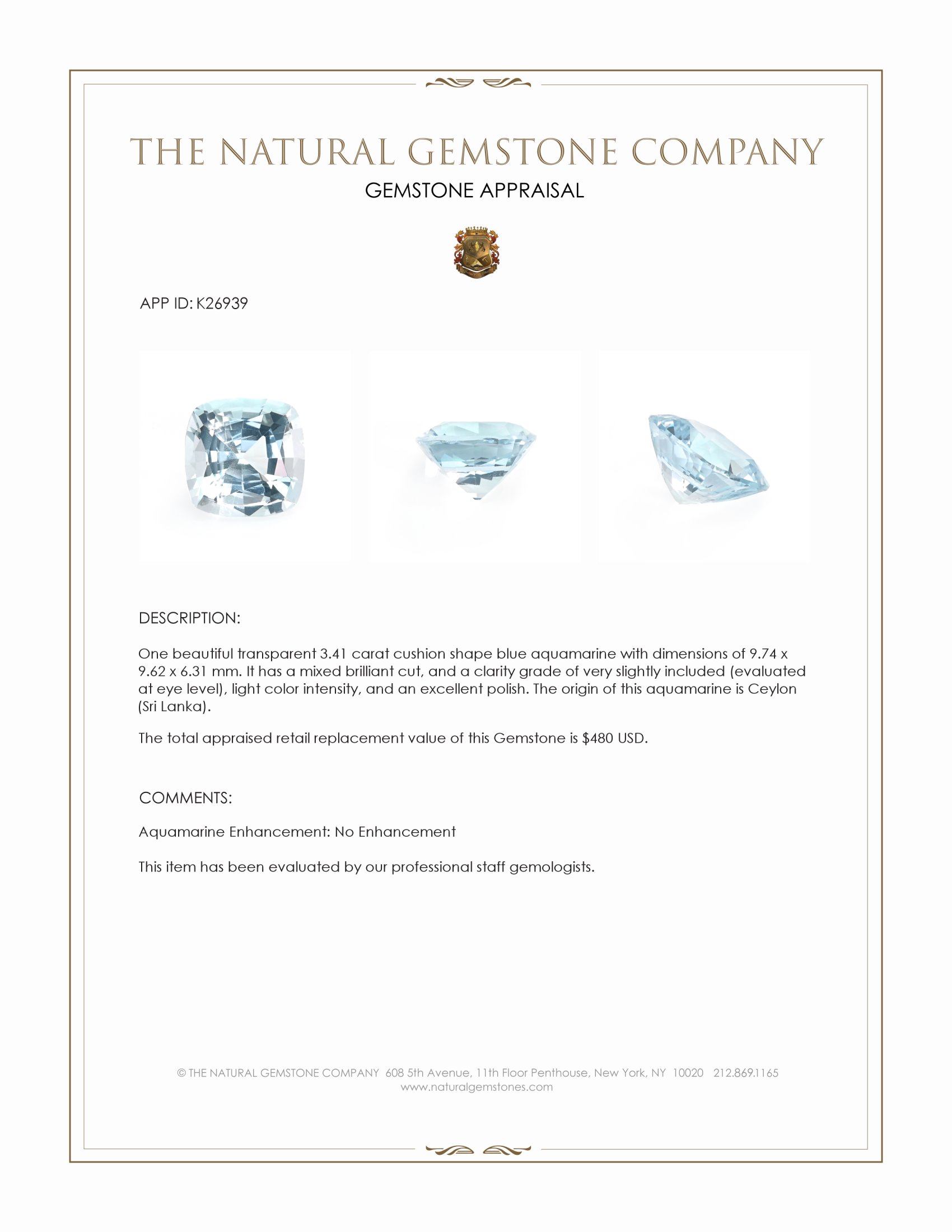 3.41 Ct. Blue Aquamarine from Ceylon (Sri Lanka)