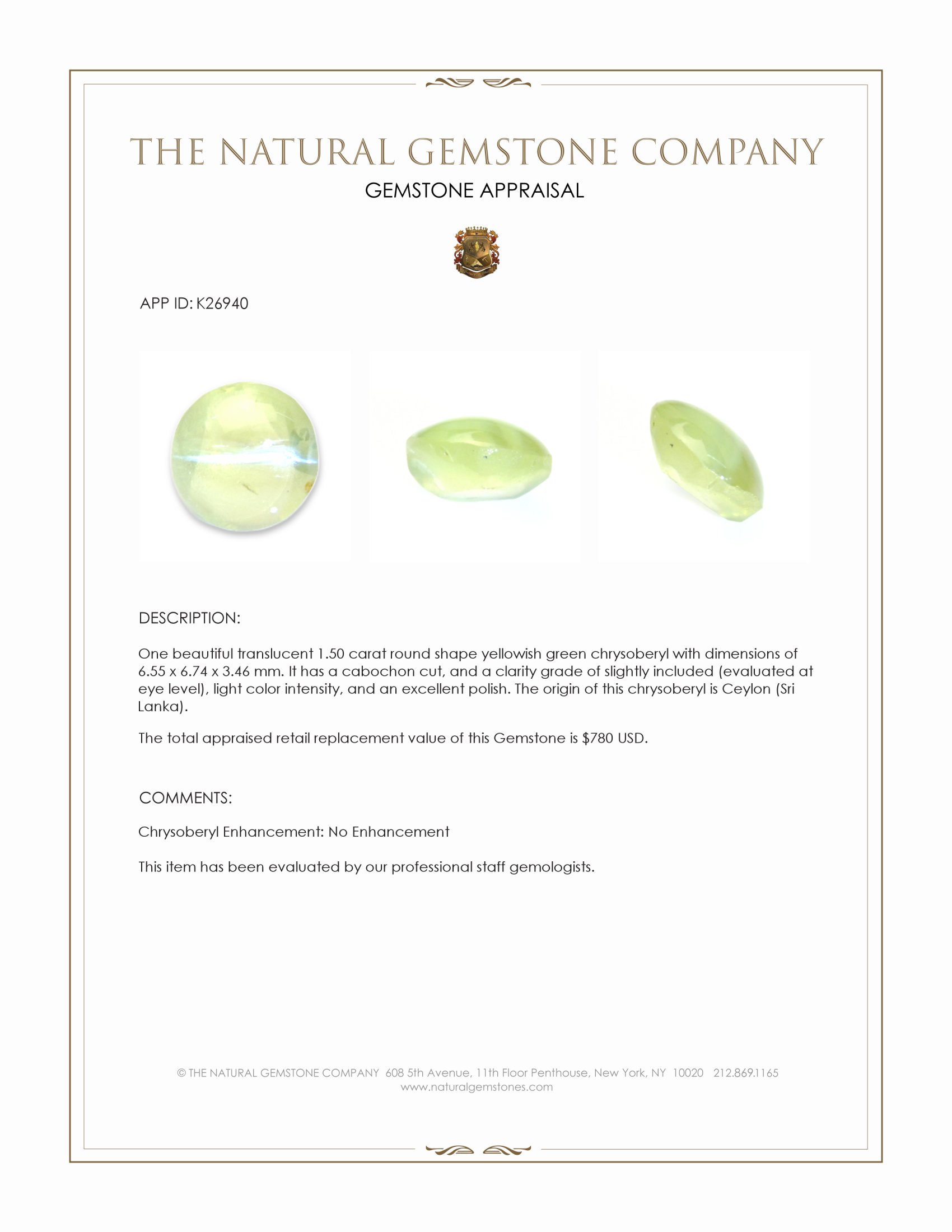 1.50 Ct. Yellowish Green Cabochon Chrysoberyl from Ceylon (Sri Lanka)