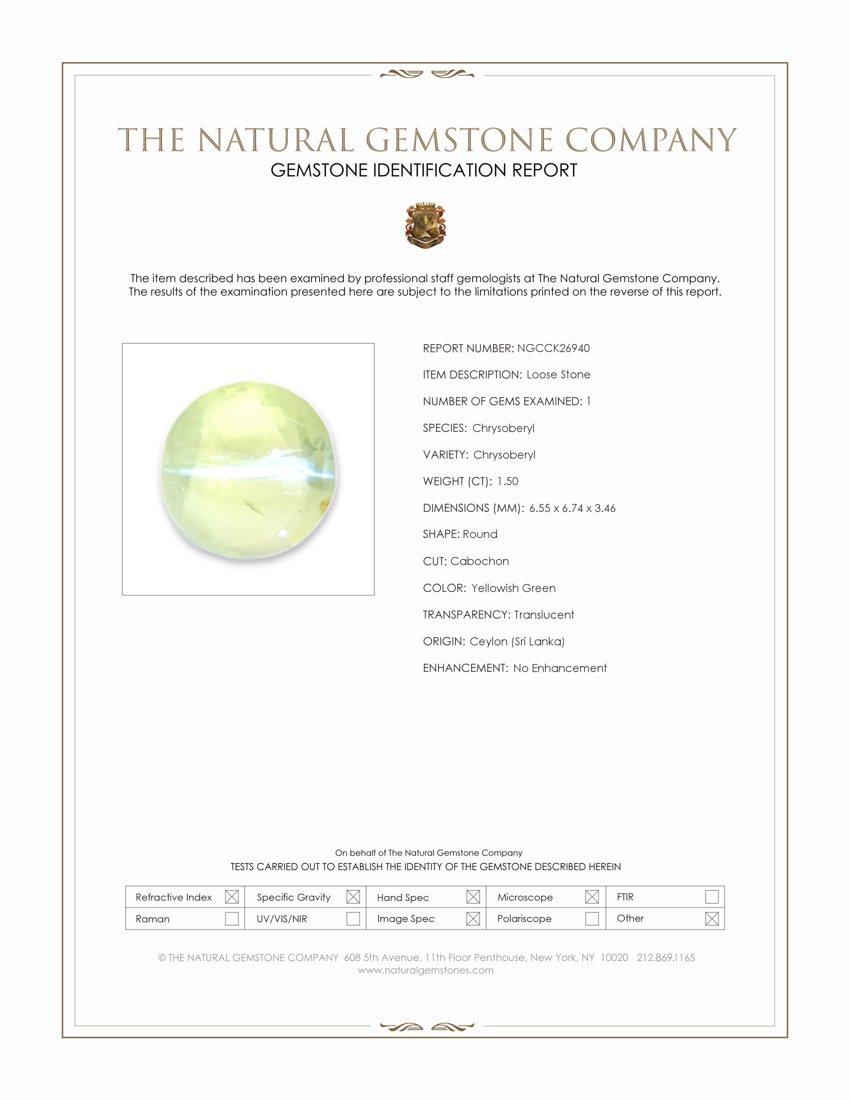 1.50 Ct. Yellowish Green Cabochon Chrysoberyl from Ceylon (Sri Lanka)