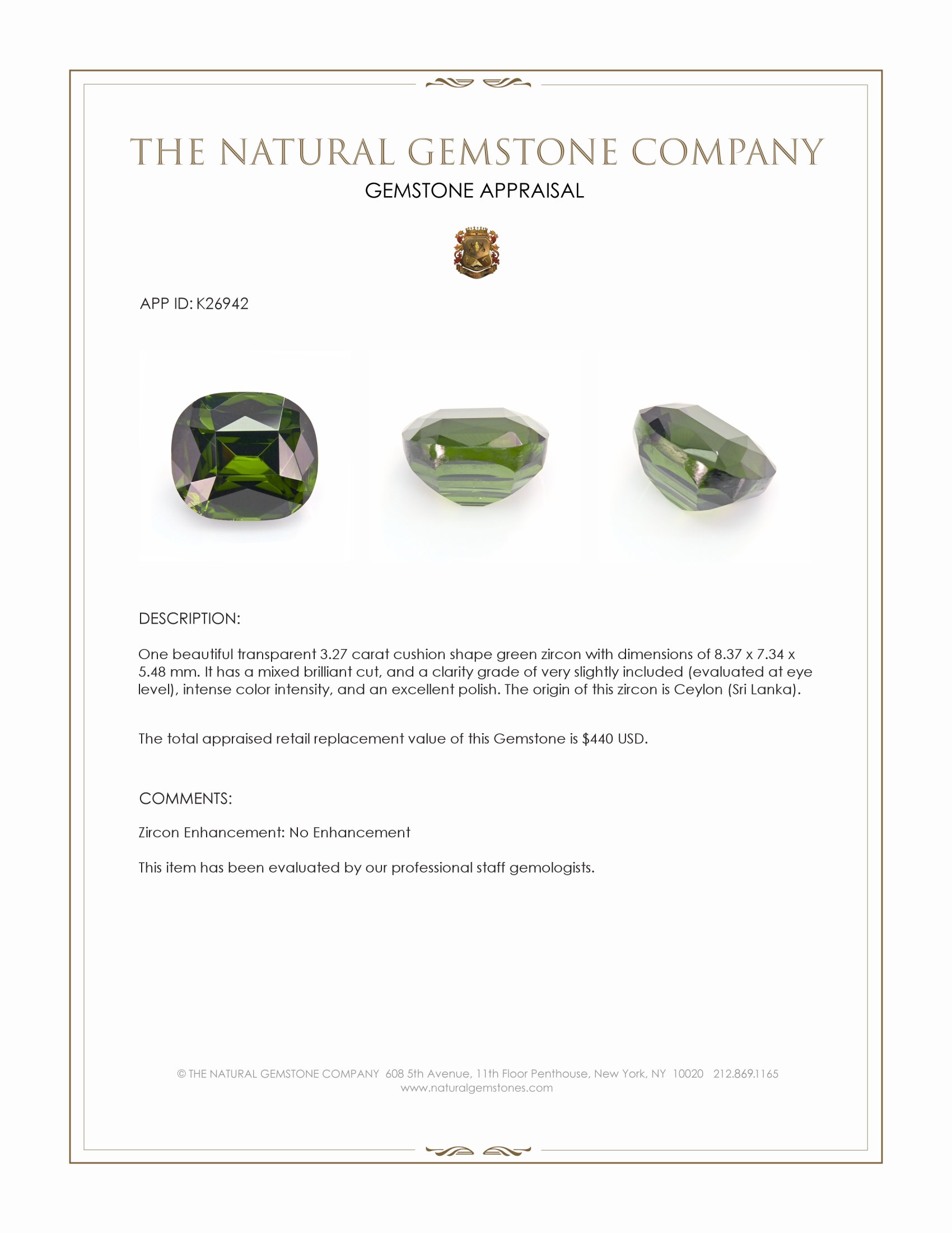 3.27 Ct. Green Zircon from Ceylon (Sri Lanka)
