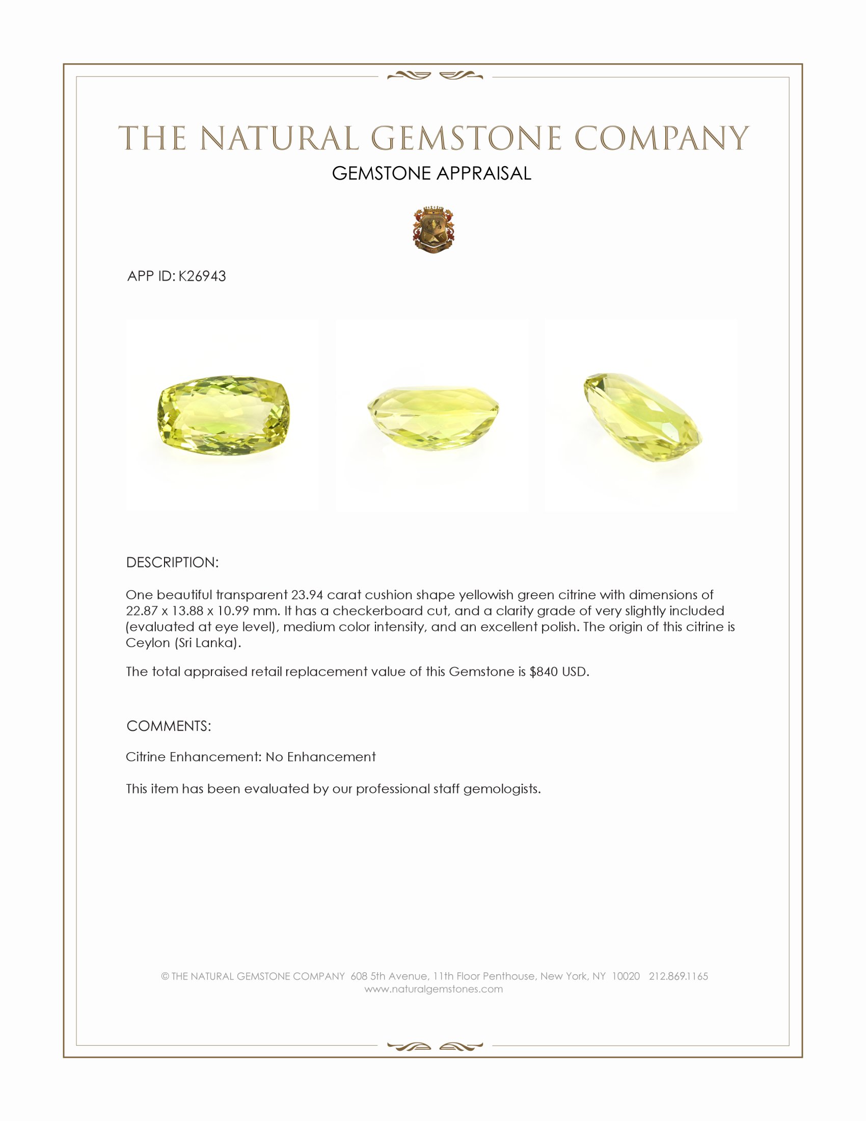 23.94 Ct. Yellowish Green Citrine from Ceylon (Sri Lanka)