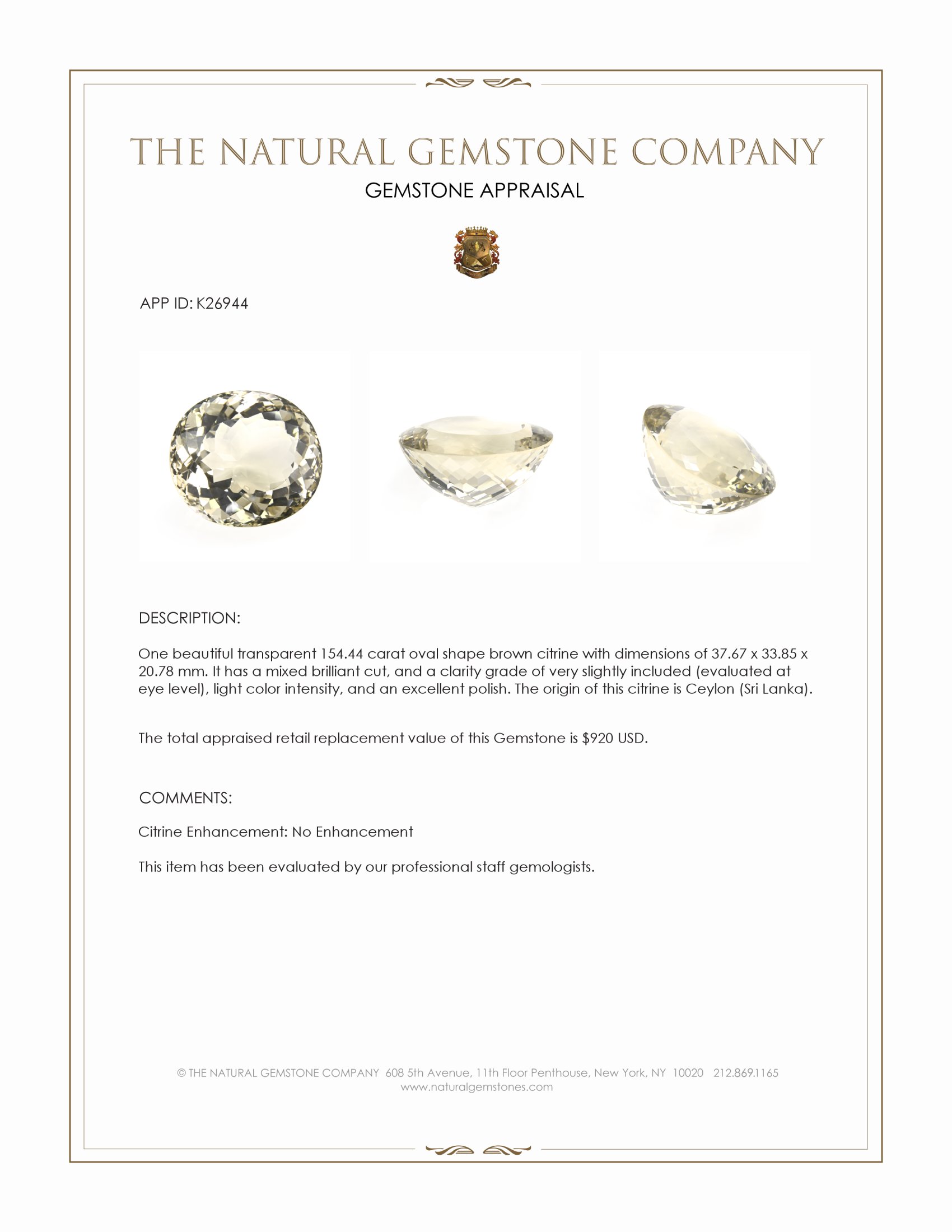 154.44 Ct. Brown Citrine from Ceylon (Sri Lanka)