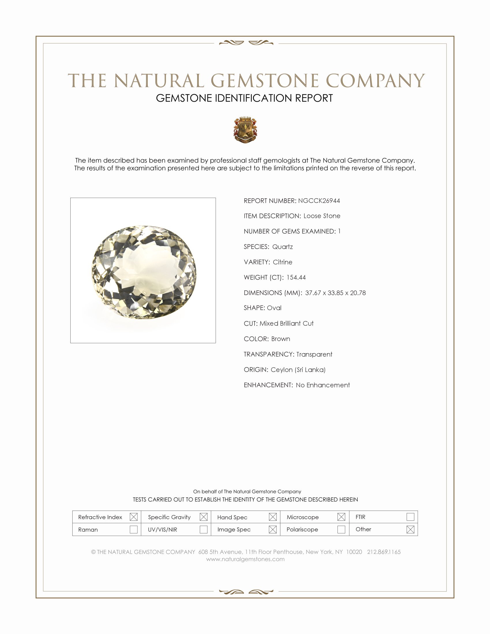 154.44 Ct. Brown Citrine from Ceylon (Sri Lanka)