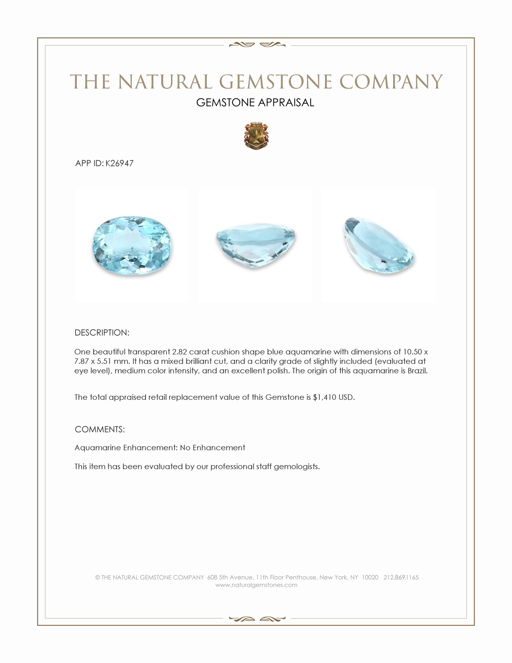 2.82 Ct. Blue Aquamarine from Brazil