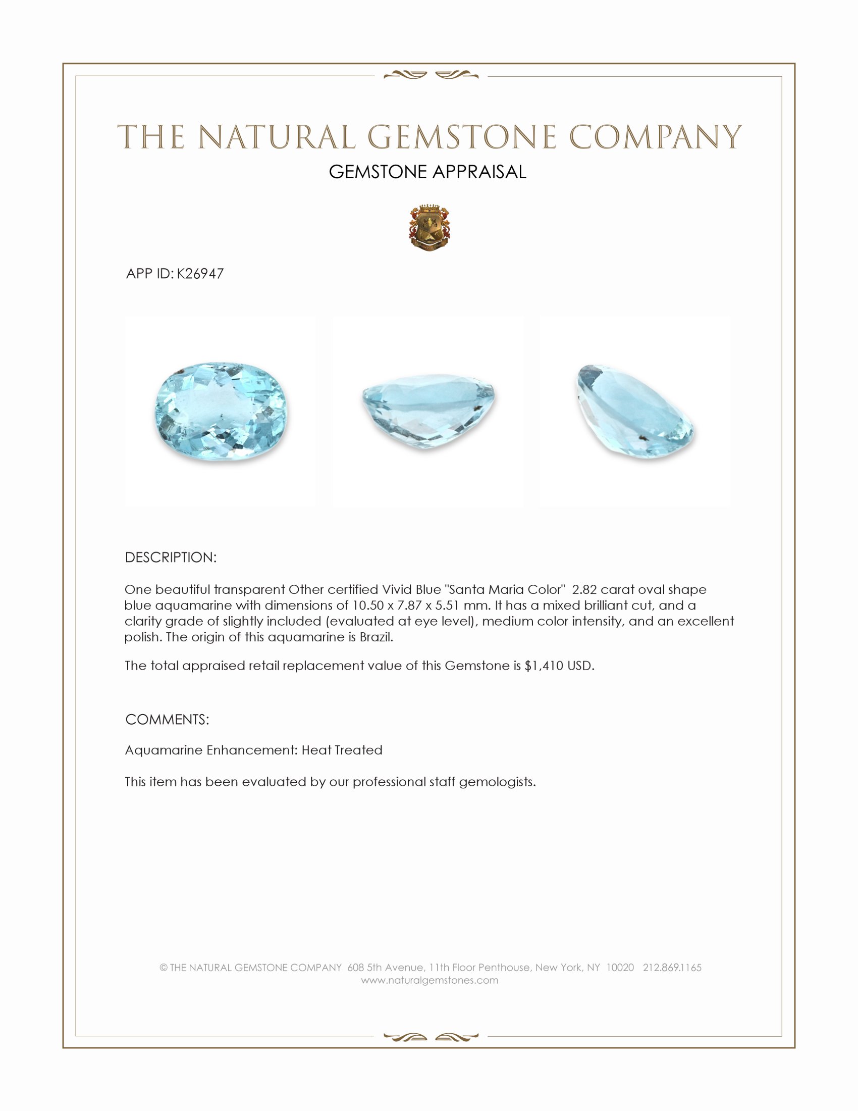 2.82 Ct. Blue Aquamarine from Brazil