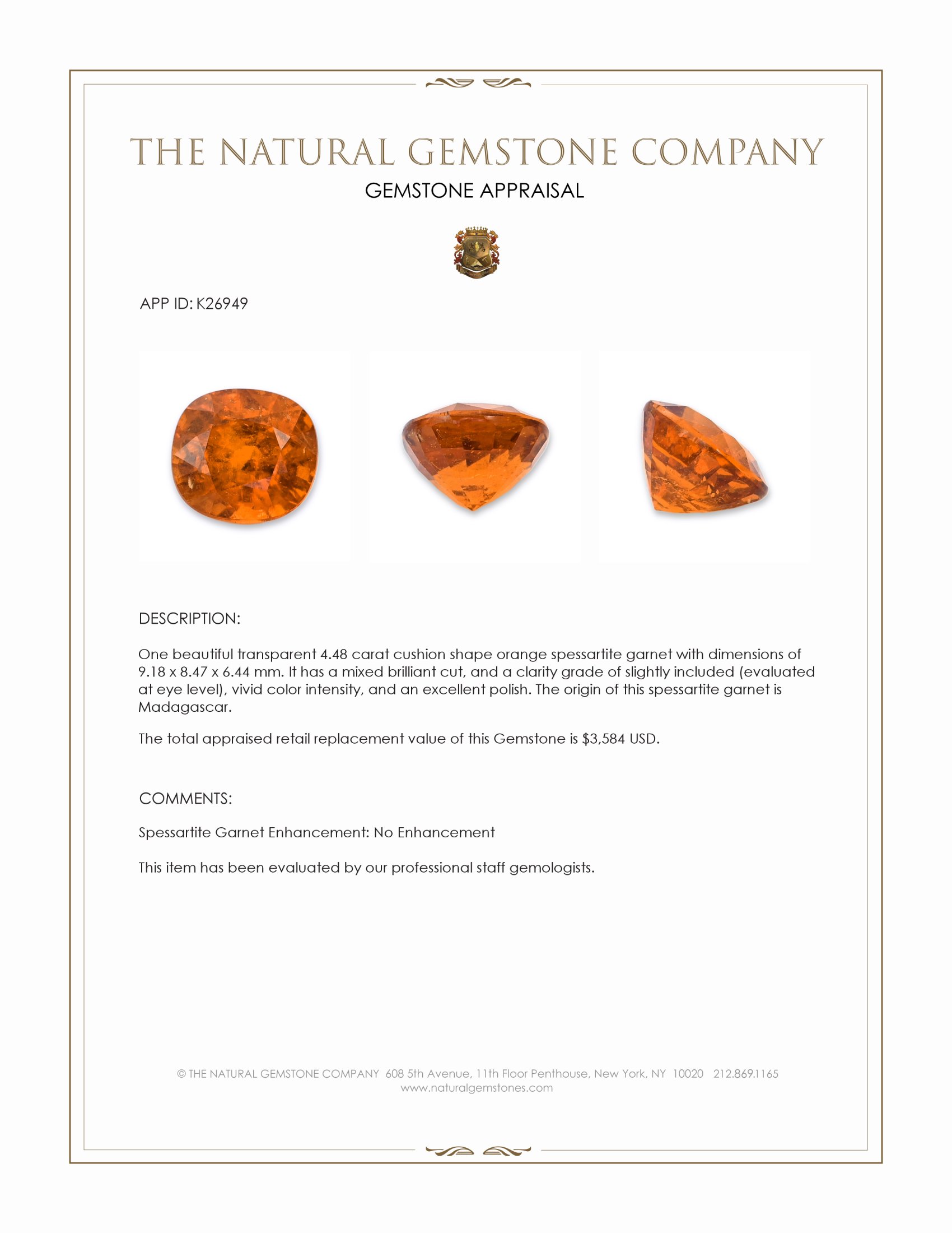 4.48 Ct. Orange Spessartite Garnet from Madagascar