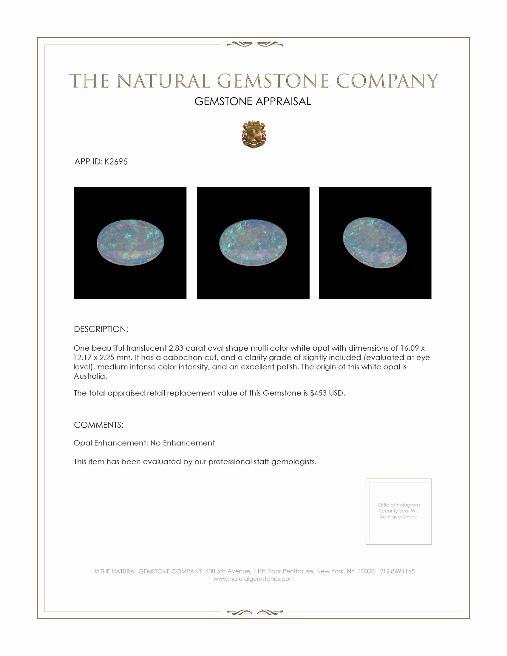 2.83 Ct. Cabochon White Opal from Australia