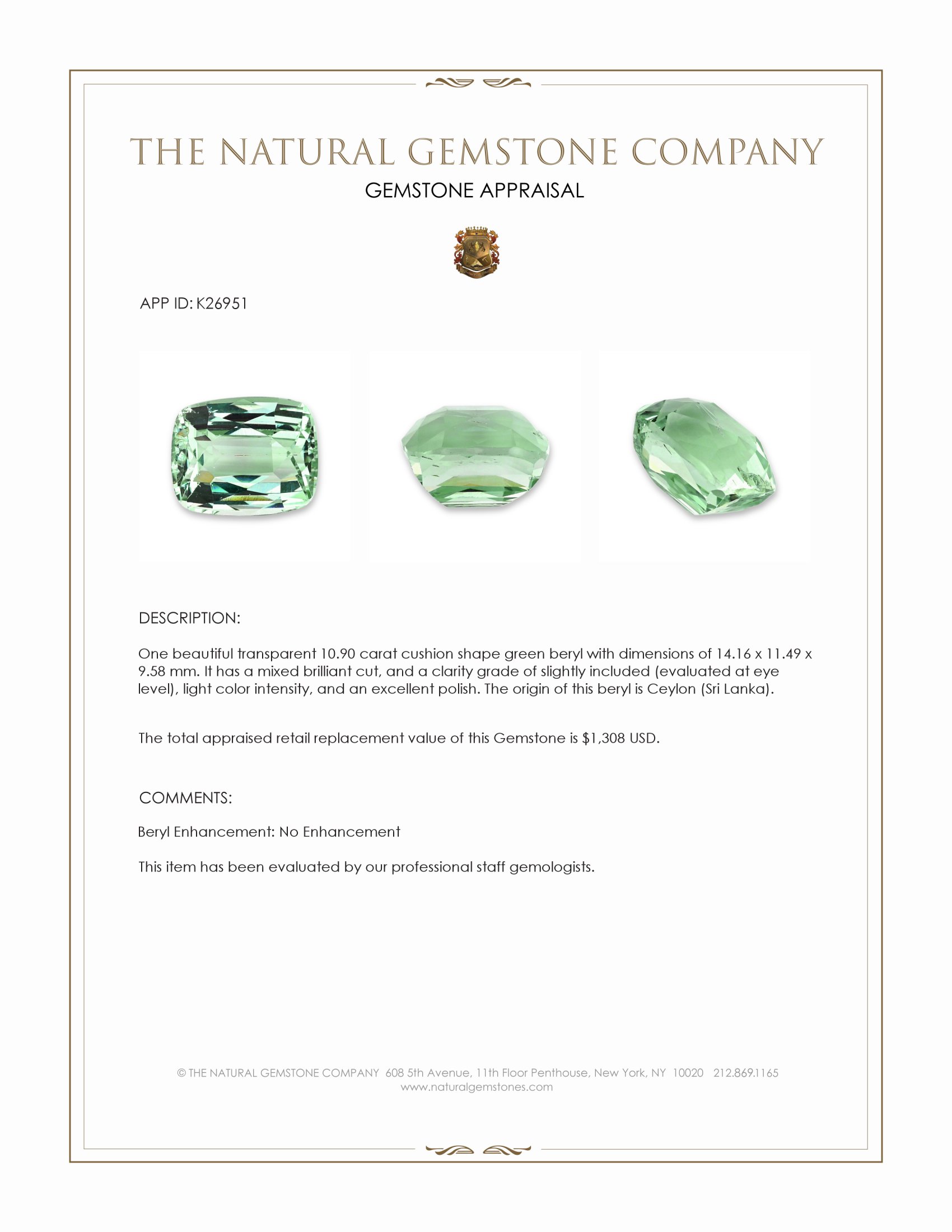 10.90 Ct. Green Beryl from Ceylon (Sri Lanka)