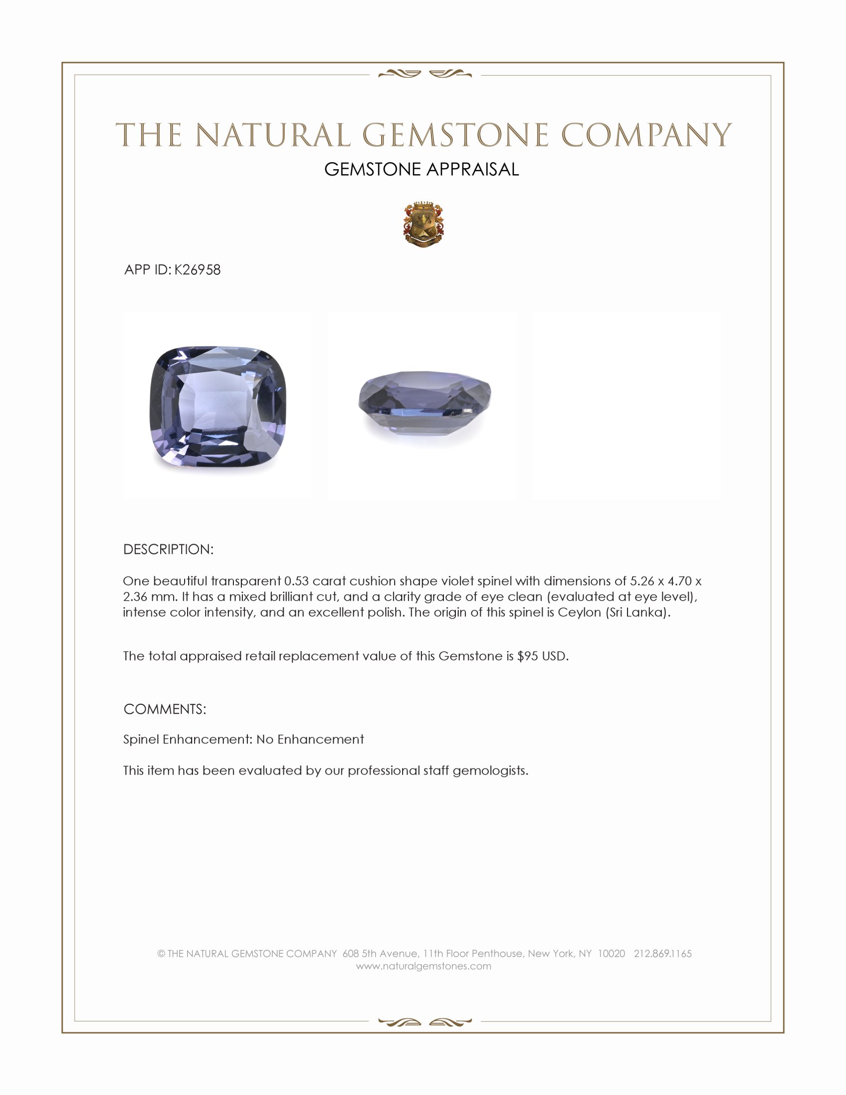 0.53 Ct. Violet Spinel from Ceylon (Sri Lanka)