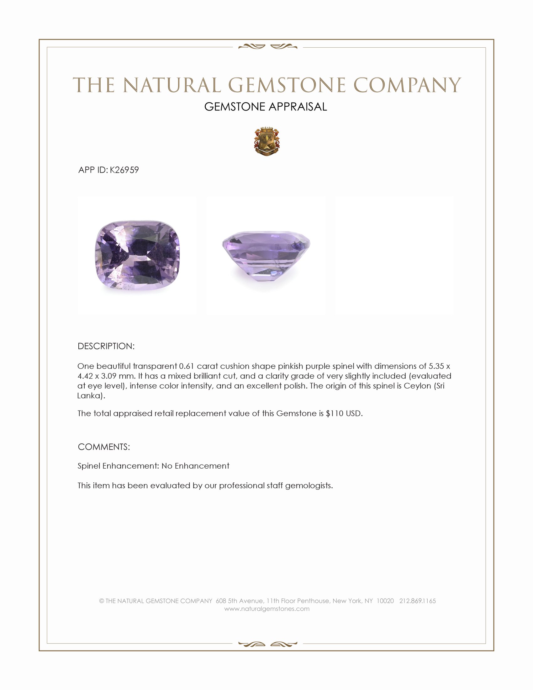 0.61 Ct. Pinkish Purple Spinel from Ceylon (Sri Lanka)