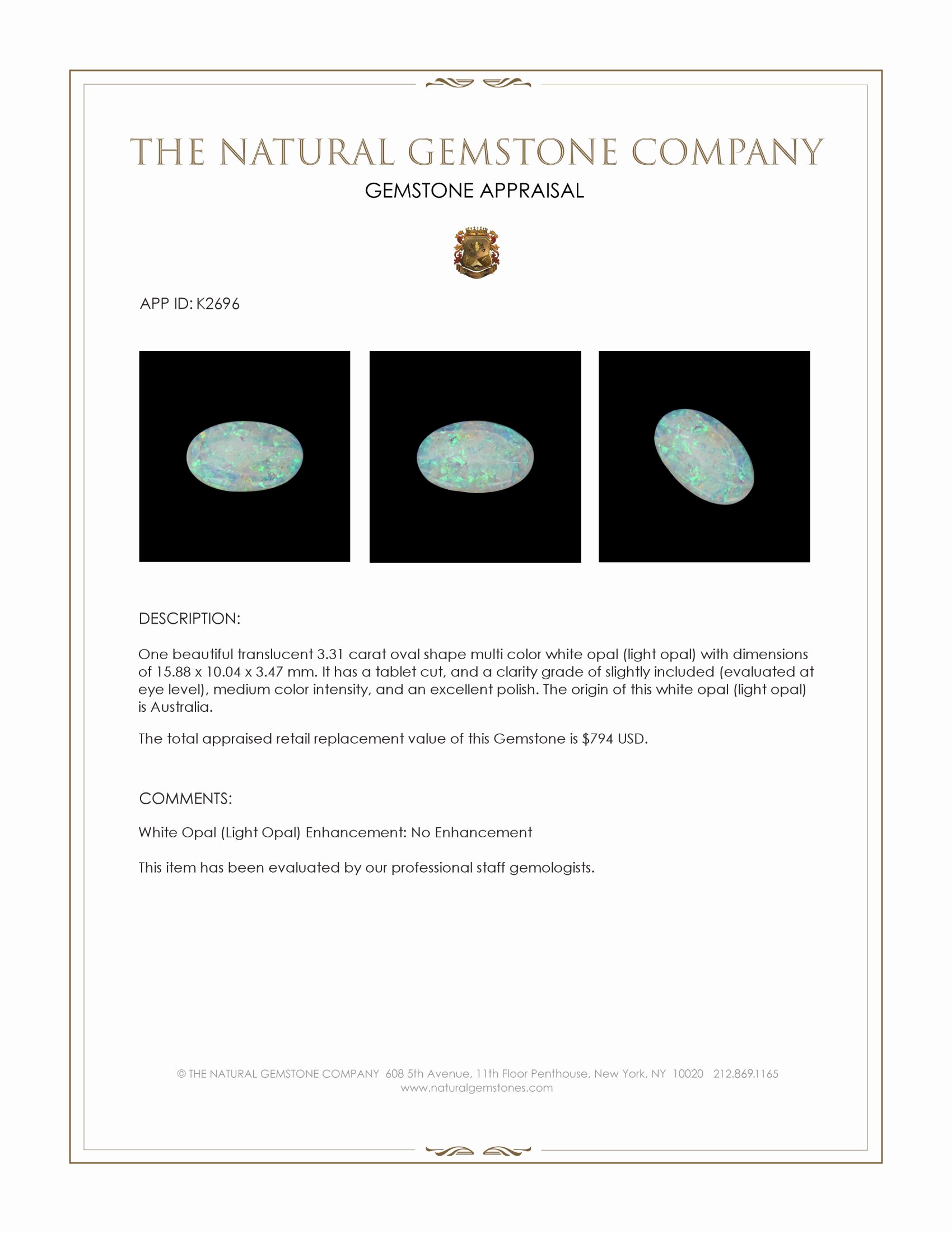 3.31 Ct. Multi Color White Opal (Light Opal) from Australia