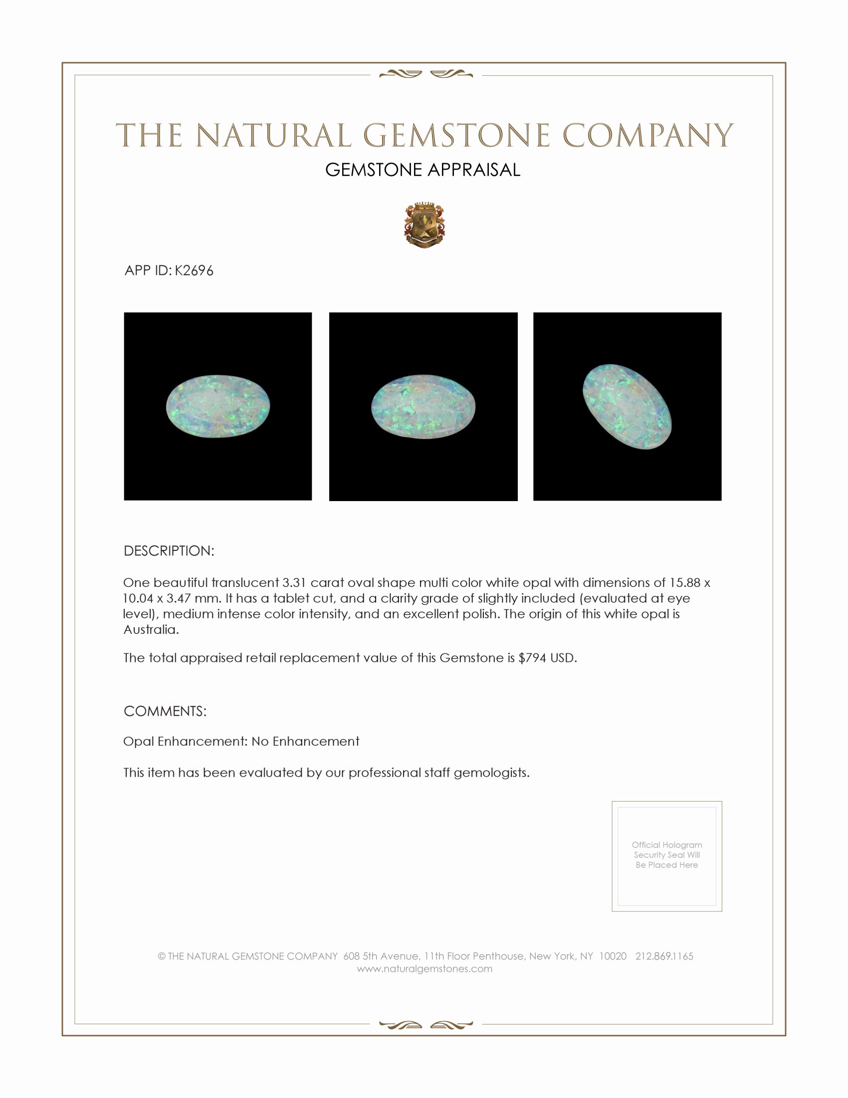 3.31 Ct. White Opal from Australia