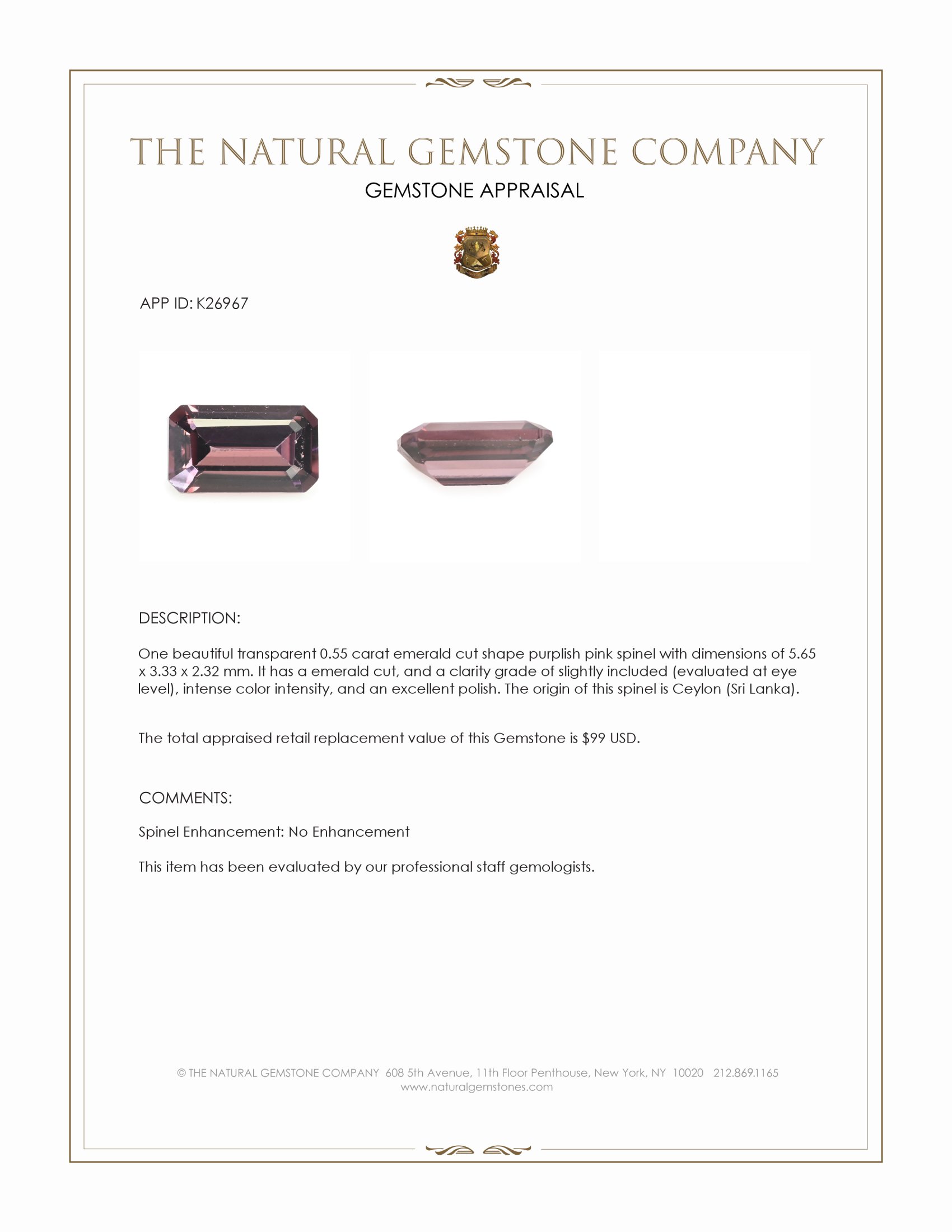 0.55 Ct. Purplish Pink Spinel from Ceylon (Sri Lanka)
