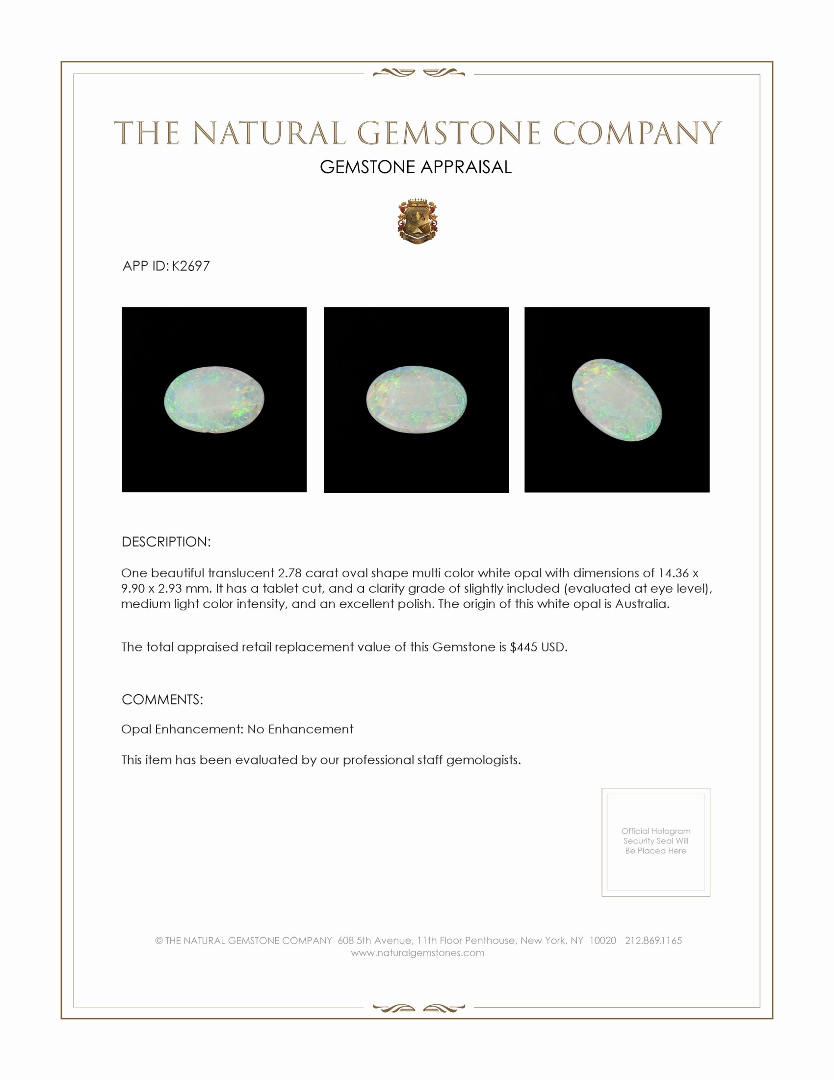 2.78 Ct. Multi Color White Opal (Light Opal) from Australia