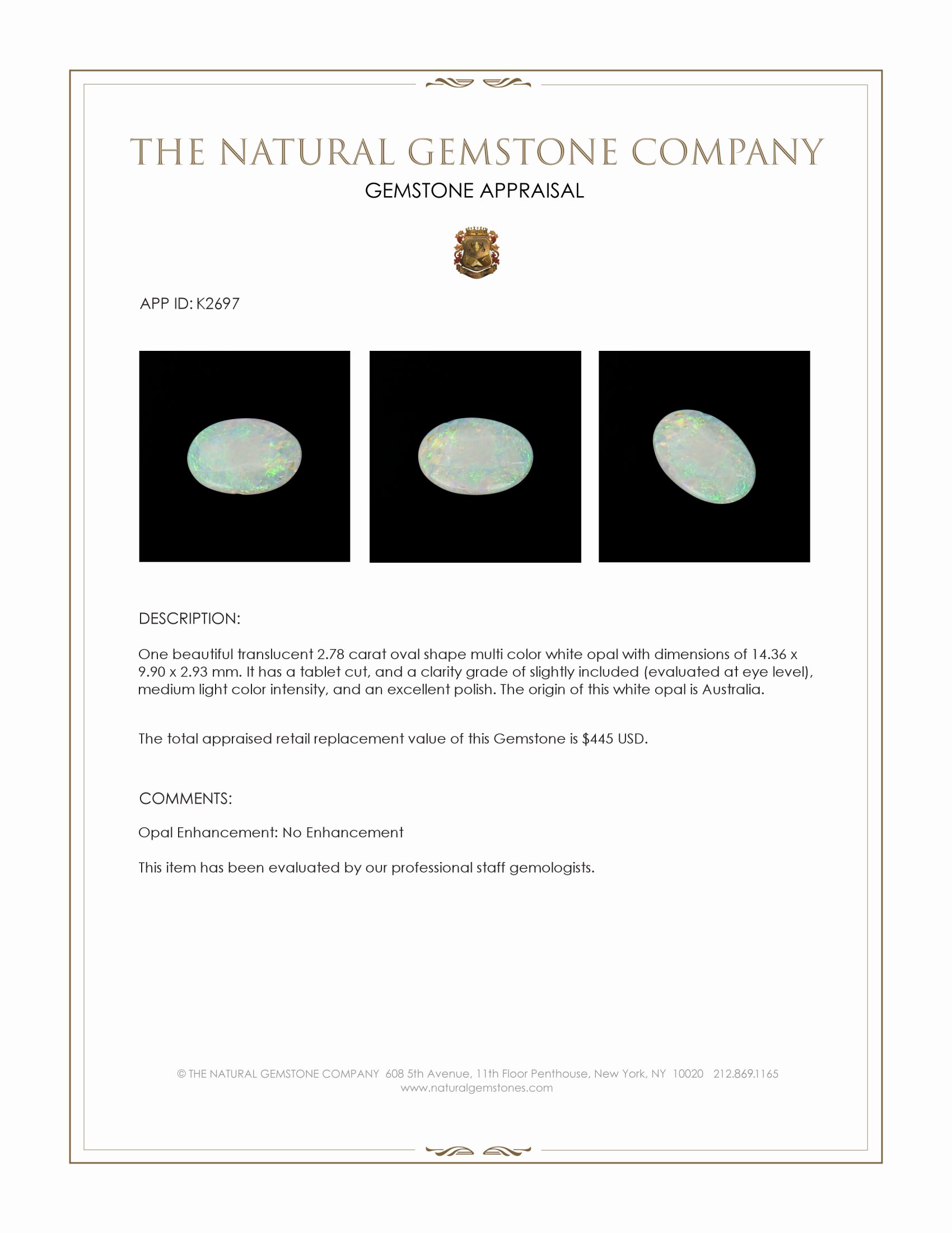 2.78 Ct. White Opal from Australia