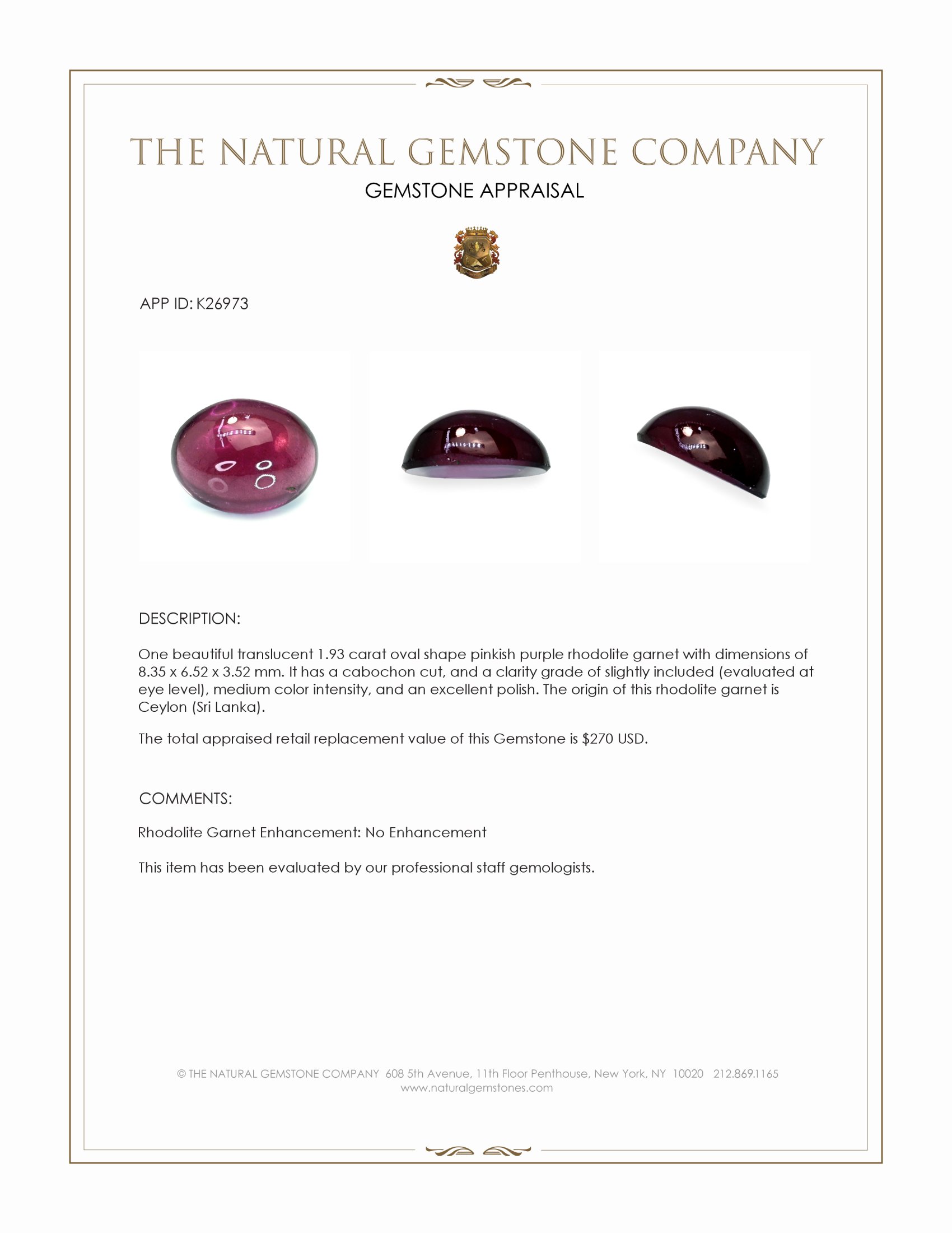 1.93 Ct. Pinkish Purple Cabochon Rhodolite Garnet from Ceylon (Sri Lanka)