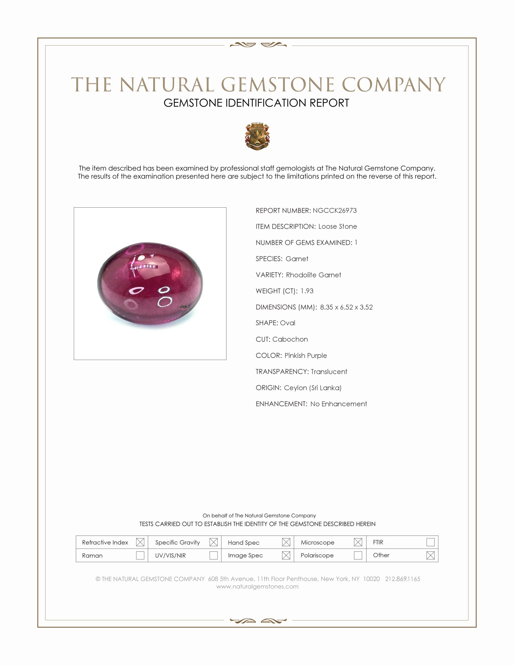 1.93 Ct. Pinkish Purple Cabochon Rhodolite Garnet from Ceylon (Sri Lanka)