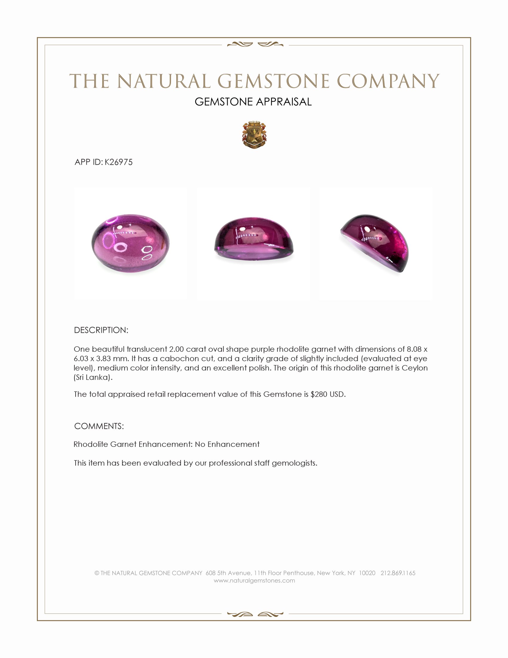 2.00 Ct. Purple Cabochon Rhodolite Garnet from Ceylon (Sri Lanka)