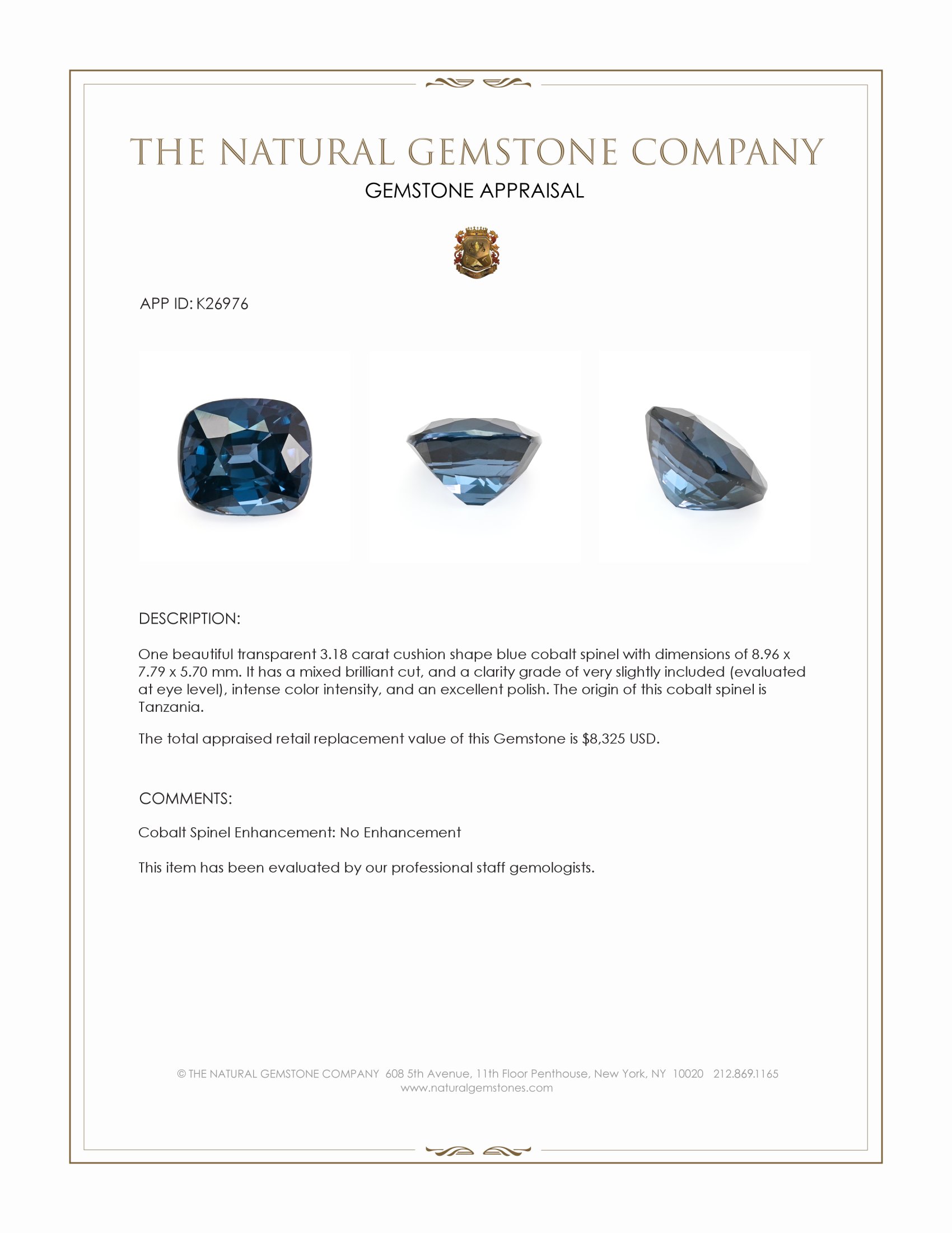 3.18 Ct. Blue Cobalt Spinel from Tanzania