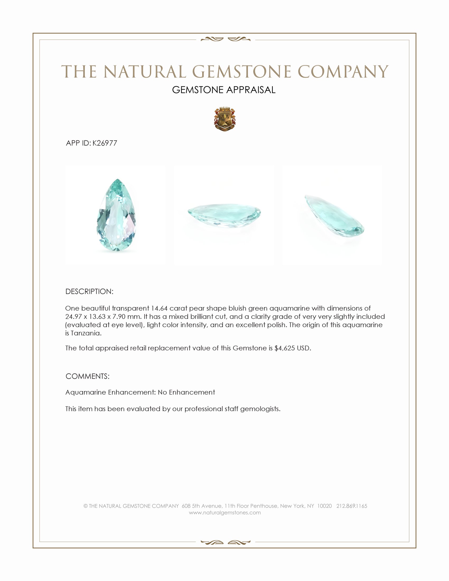 14.64 Ct. Bluish Green Aquamarine from Tanzania