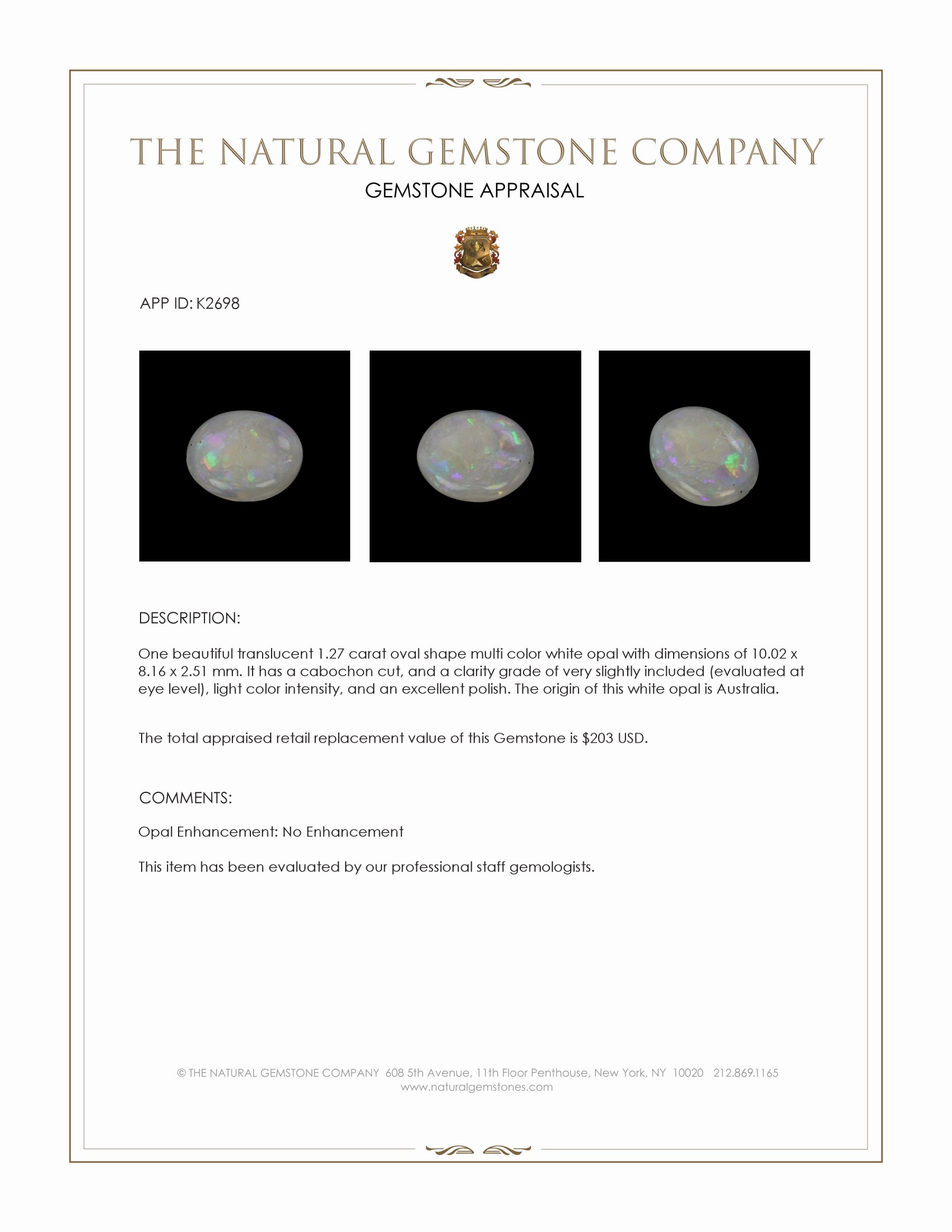 1.27 Ct. Cabochon White Opal from Australia