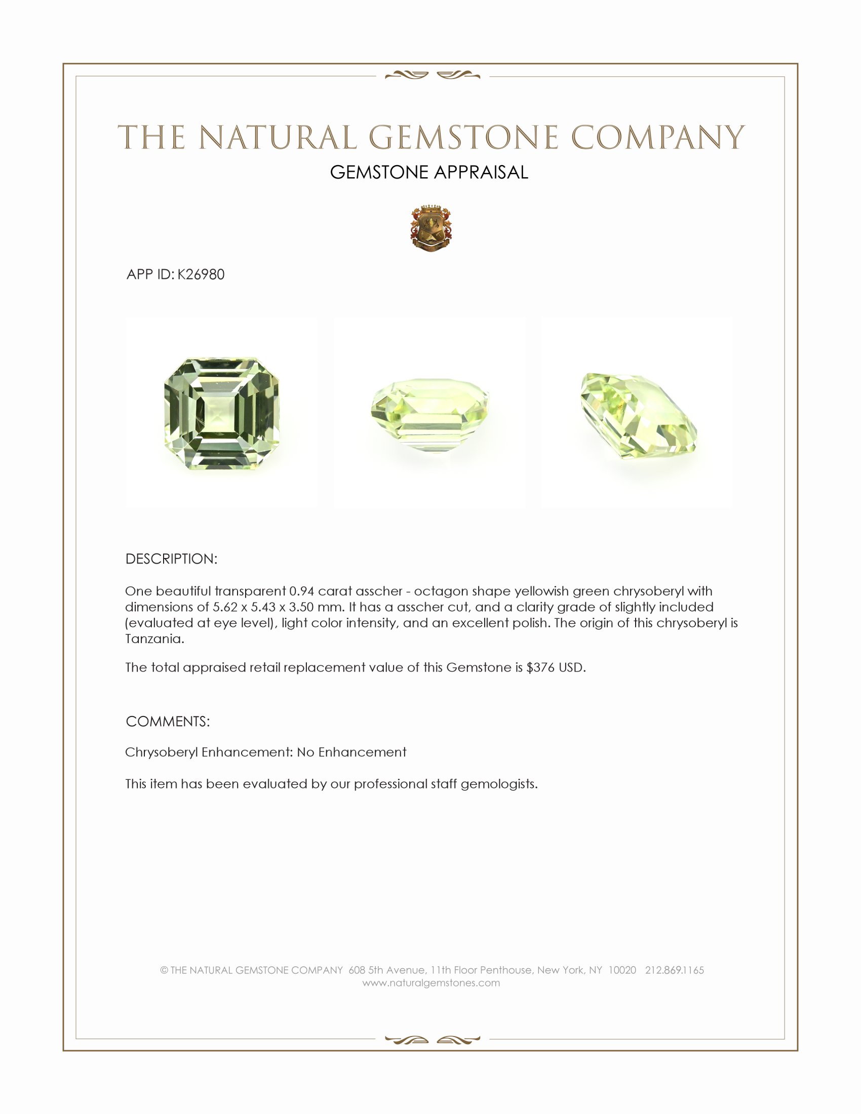 0.94 Ct. Yellowish Green Chrysoberyl from Tanzania