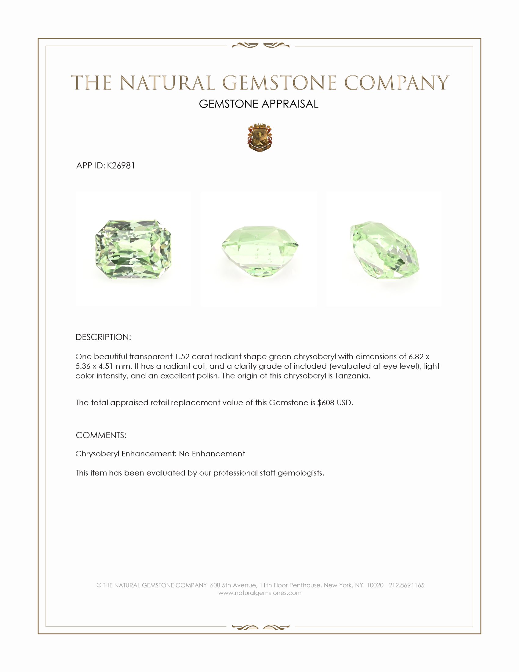 1.52 Ct. Green Chrysoberyl from Tanzania