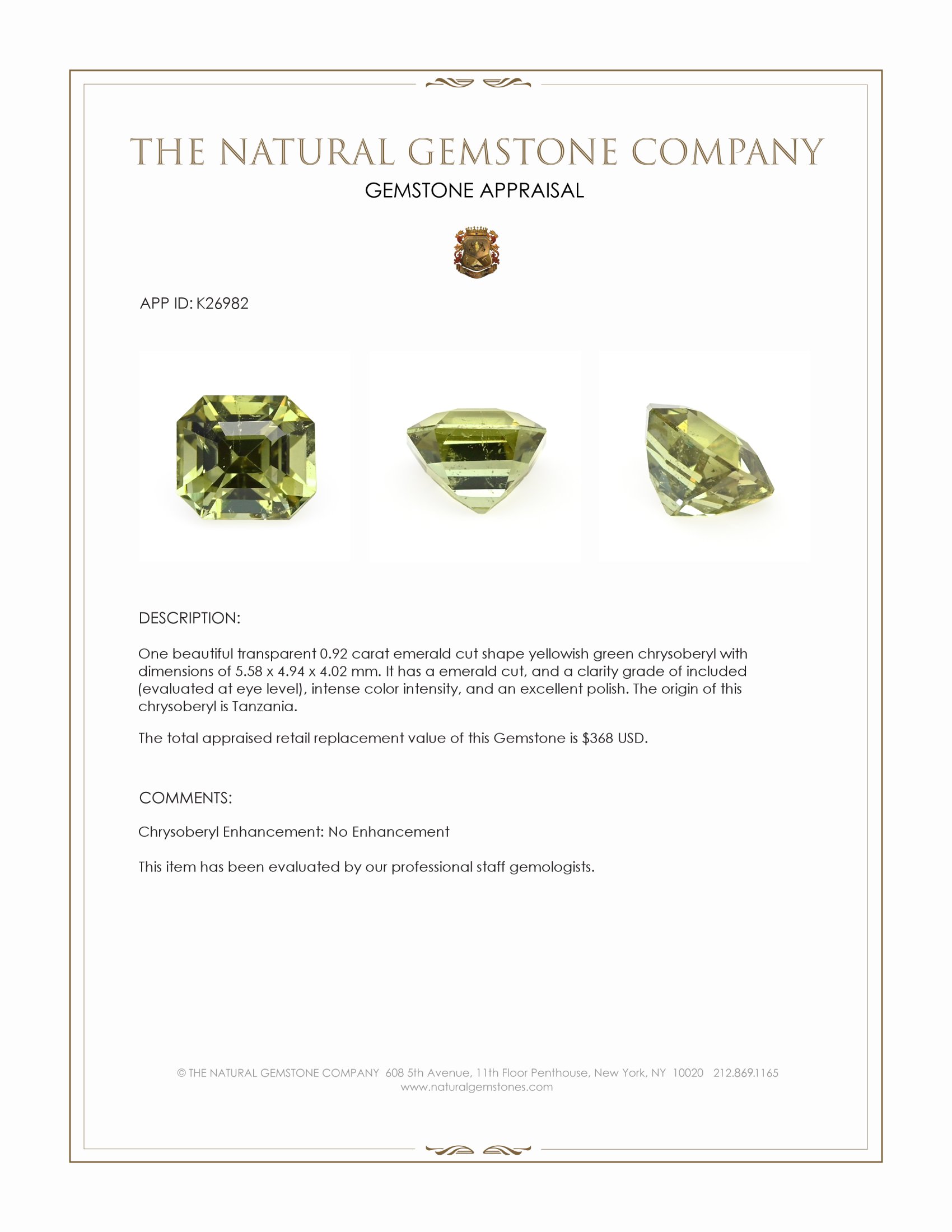 0.92 Ct. Yellowish Green Chrysoberyl from Tanzania