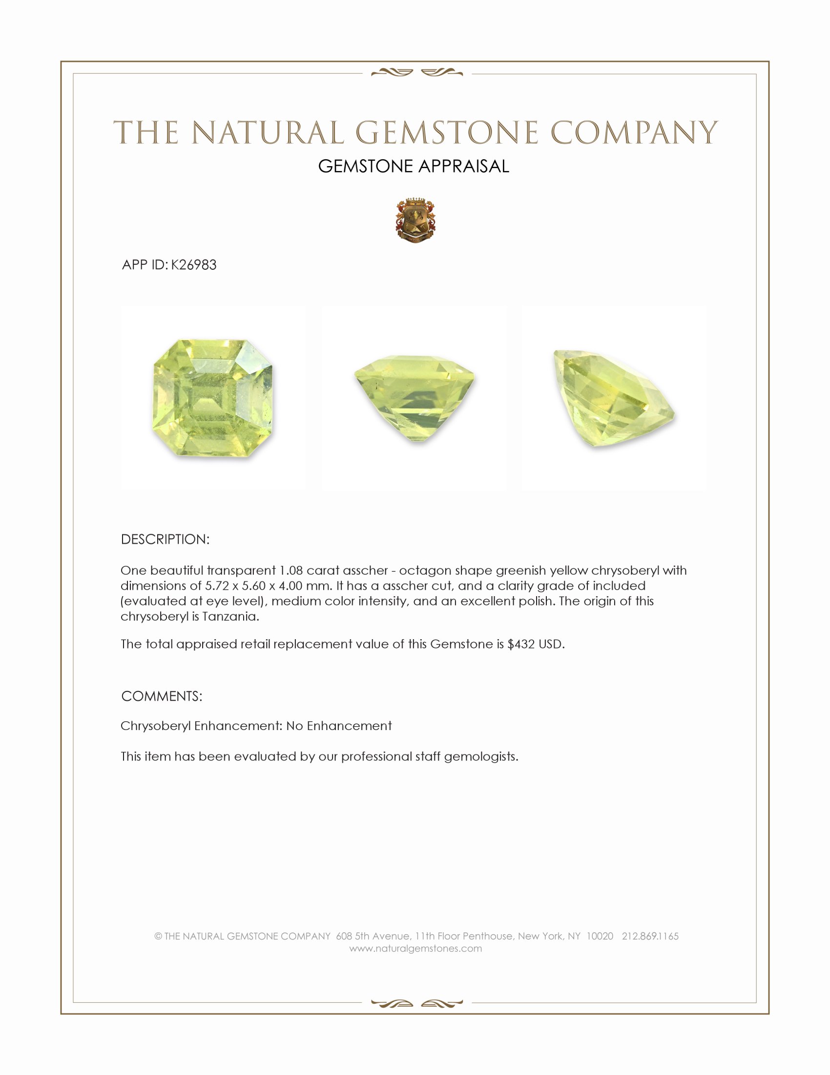 1.08 Ct. Greenish Yellow Chrysoberyl from Tanzania