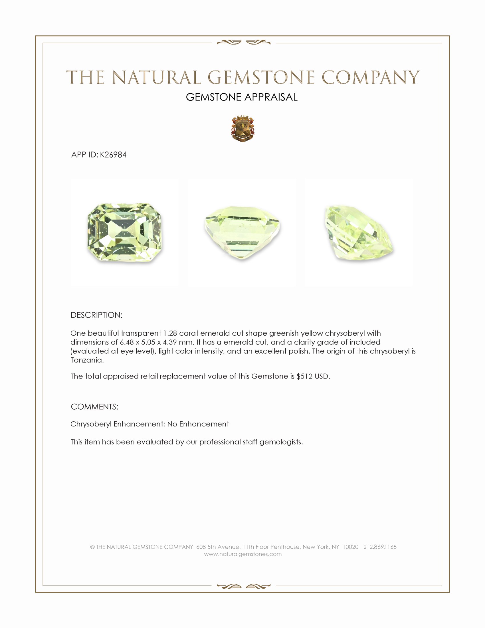 1.28 Ct. Greenish Yellow Chrysoberyl from Tanzania