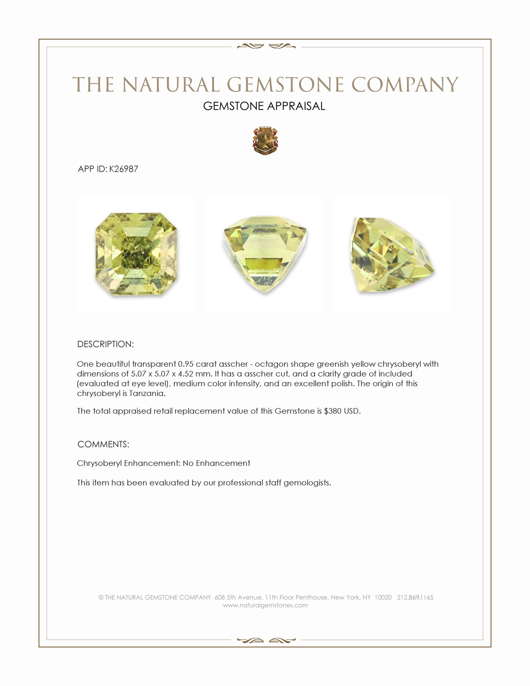 0.95 Ct. Greenish Yellow Chrysoberyl from Tanzania